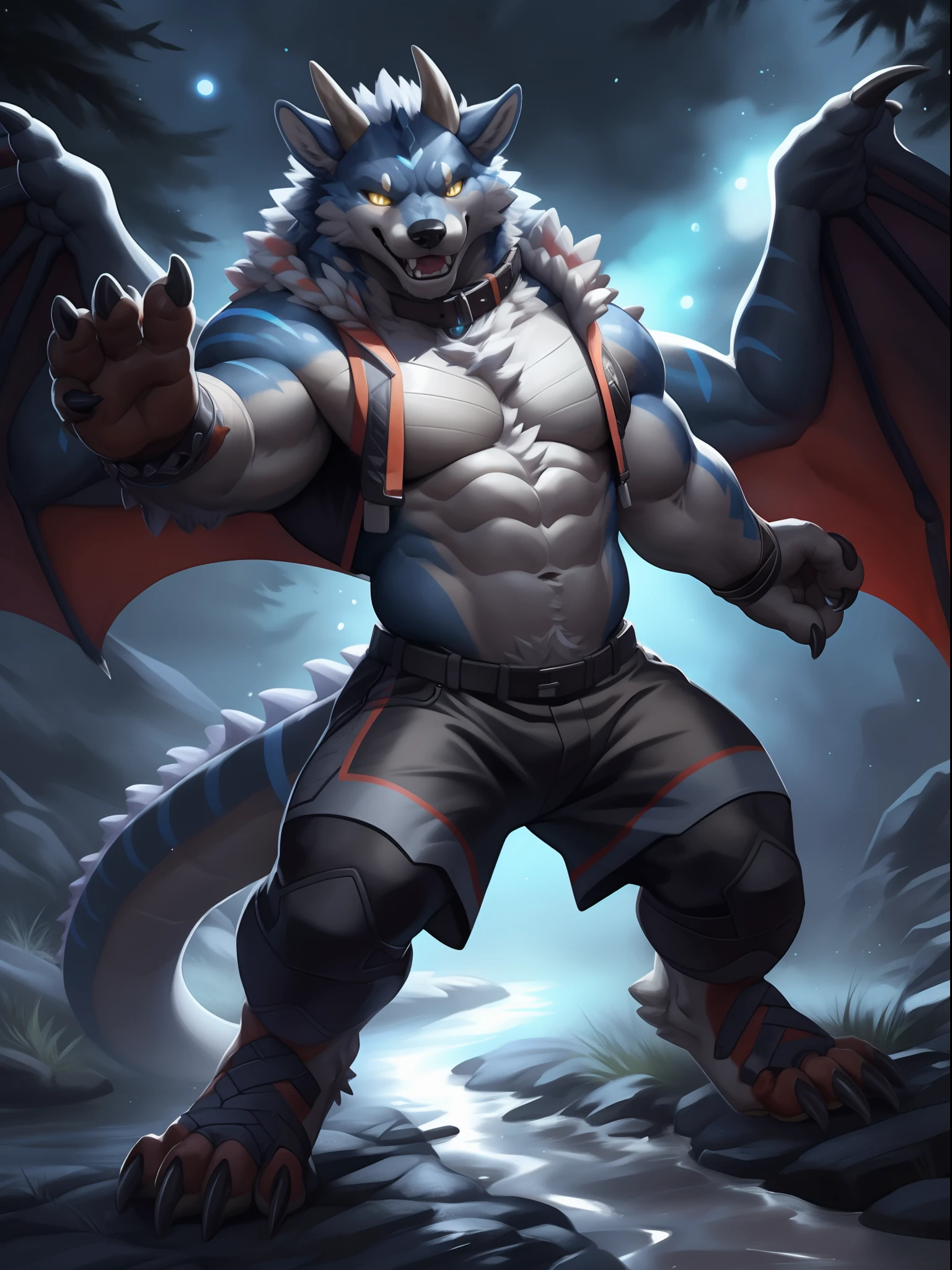 Solo, Male, (Muscular), sacrifices, (male anthro wolf):1.3, grey body，Sports gray shorts, (Kamimei):1.3, (komono:1.4) (DOA):1.23, Detailed eyes, lizard tail,A pair of dragon horns, A pair of dragon wings，((half-body portrait)), (Detailed eyes, Yellow eyes are always red, Grey rind，blue stripe，Sharp claws，Cute beast claws，drools，Fluid spills from the lower body，Milk spilled all over the floor，glowing light eyes):1.1, (exteriors:1.35), the night，ln the forest， Be red in the face，standing on your feet，Collar，submit to，drunk，enjoying，looking to the camera，Extend your palm towards the camera，having fun（Particle，glowworm，blue glowing）：1.3，detailedbackground，realisticlying，realistic hand，8k hdr，（Dark shadows，Wide dynamic range，hdr，low-light：1.2），author（pino daeni，（author：by ruaidri），author：virtyalfobo）