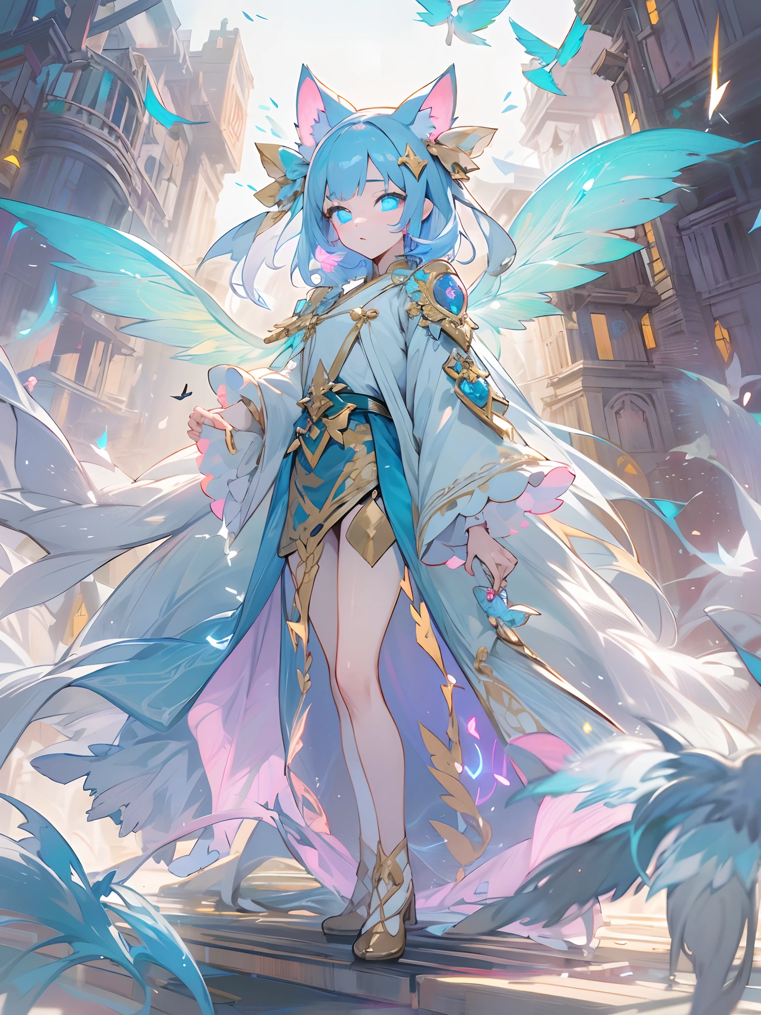 absurderes, hight resolution, ((masutepiece)), animesque、((Best Quality)), (Ultra-detailed), ((Extremely detailed)), (Beautiful), ((Kawaii Girl)), 独奏,(14years:1.6)、Beautiful face, full body Esbian、White skin、(Glowing blue eyes:1.3)、shiny long pale blue hair、The upper part of the body、Gentle face、Fantasy World、Exotic lands、Chengsei Metropolis、Wizard's Clothing、(There are glowing wings:1.7)、(Cat's ears)
