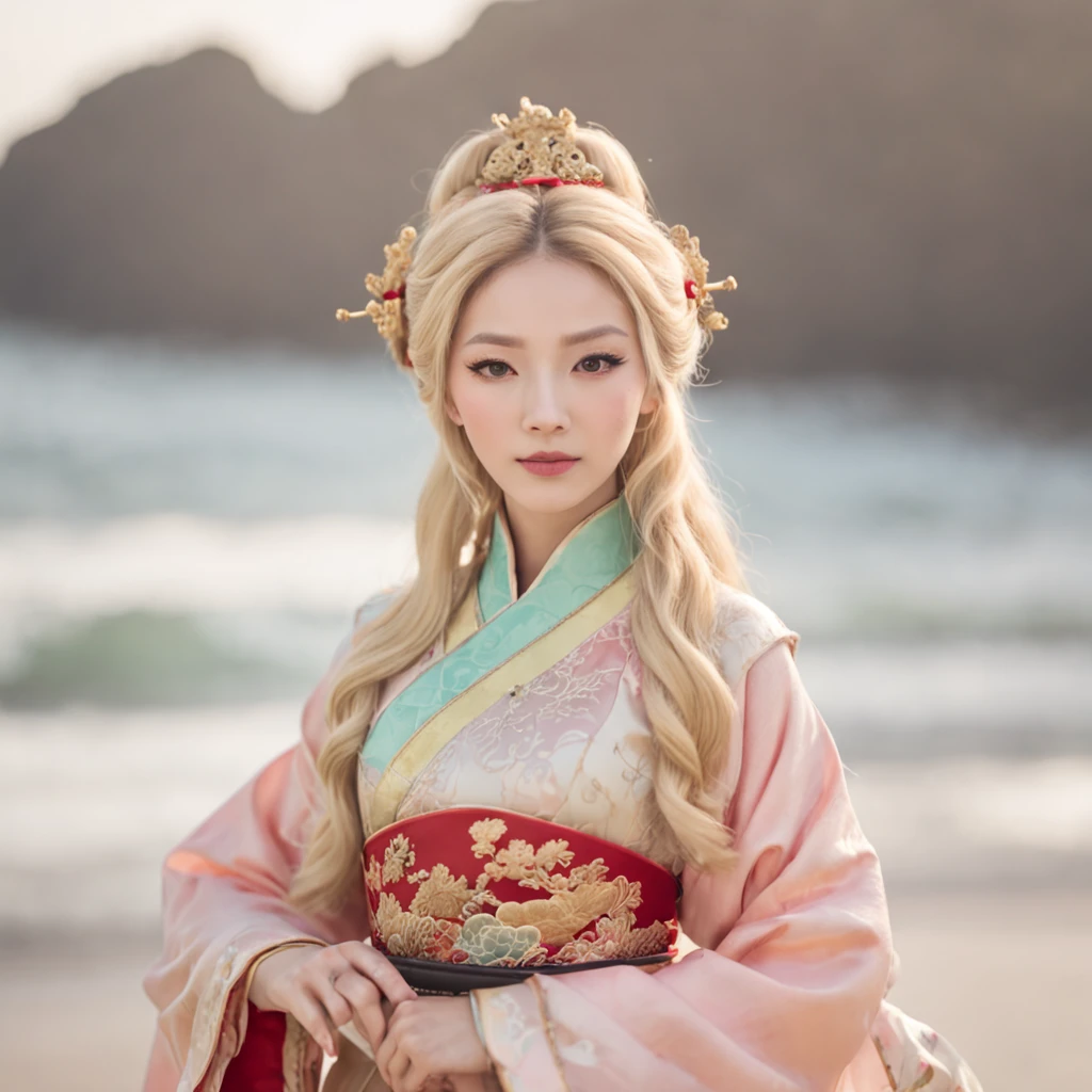 Character image seaside with waves beauty blonde hair Classical Chinese costume