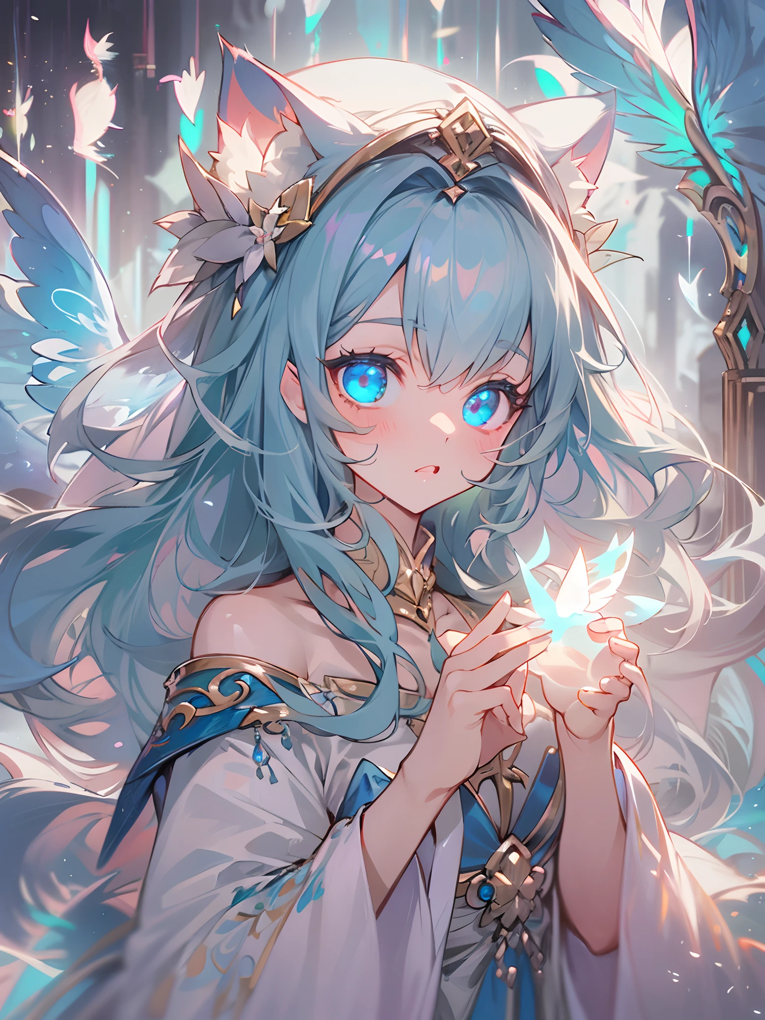 absurderes, hight resolution, ((masutepiece)), animesque、((Best Quality)), (Ultra-detailed), ((Extremely detailed)), (Beautiful), ((Kawaii Girl)), 独奏,(14years:1.6)、Beautiful face, full body Esbian、White skin、(Glowing blue eyes:1.3)、shiny long pale blue hair、The upper part of the body、Gentle face、Fantasy World、Exotic lands、Chengsei Metropolis、Wizard's Clothing、(There are glowing wings:1.7)、(Cat's ears)