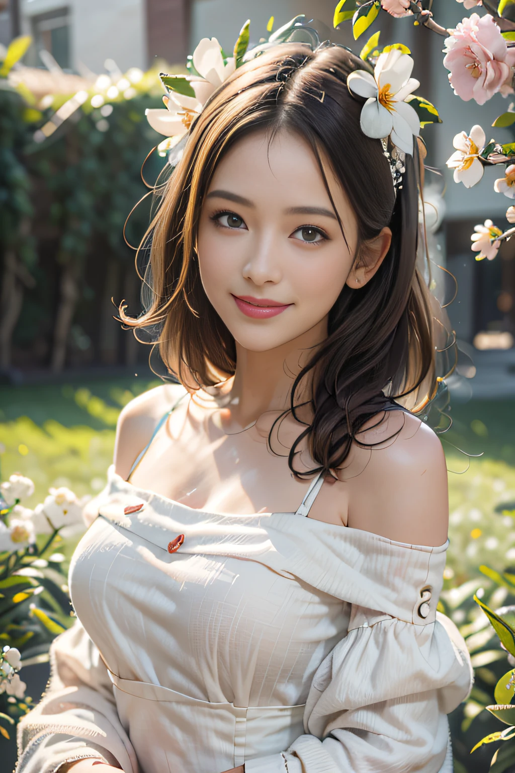 Best quality, masterpiece, ultra high res, (photorealistic:1.4), raw photo, 1girl, white dress, off shoulder, blossom flower field, glowing skin, light smile