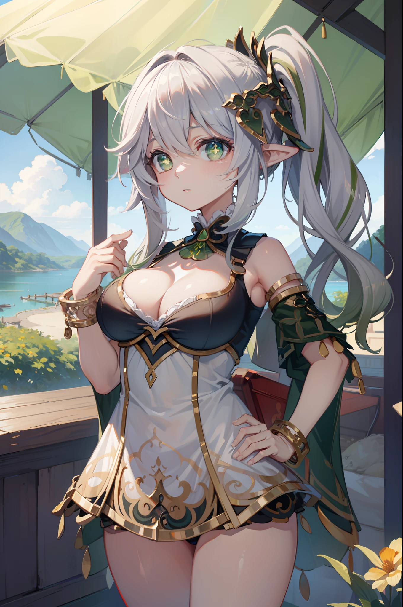 (Masterpiece),Best quality, Expressive eyes, Perfect face, 1girll, big breast, H-cup, Good breasts, Beautiful, Gorgeous,anime big breast,Girl,the lora, floating clothes, Tent box ,Nahida finished, nahidadef, hands on waist, Hands on hips