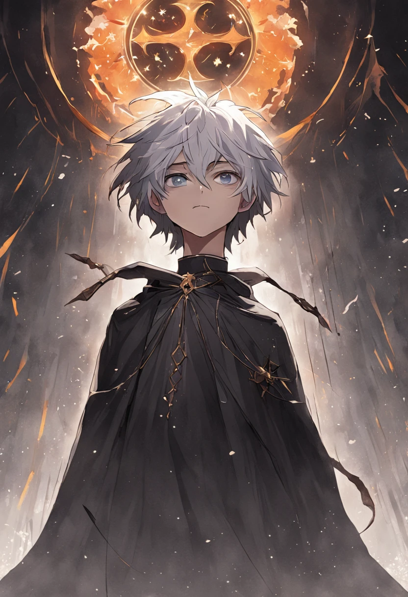 Black-haired and white-haired boy,The hair hangs almost down to the neck,Wearing a half-death mask,Stand at the intersection of light and darkness:HD graphics,holy paladin,Holy Grail War,tarot。