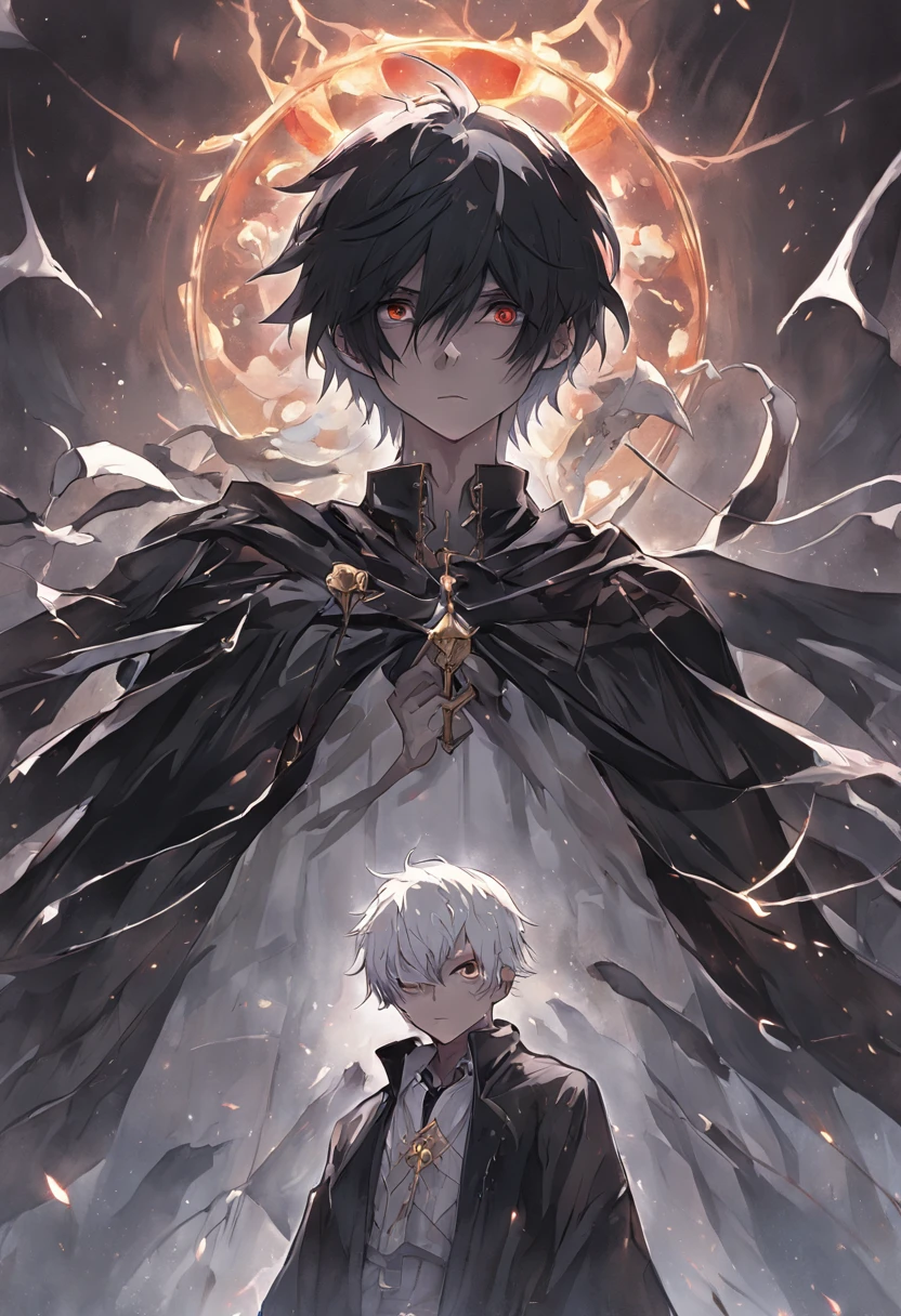 Black-haired and white-haired boy,The hair hangs almost down to the neck,Wearing a half-death mask,Stand at the intersection of light and darkness:HD graphics,holy paladin,Holy Grail War,tarot。