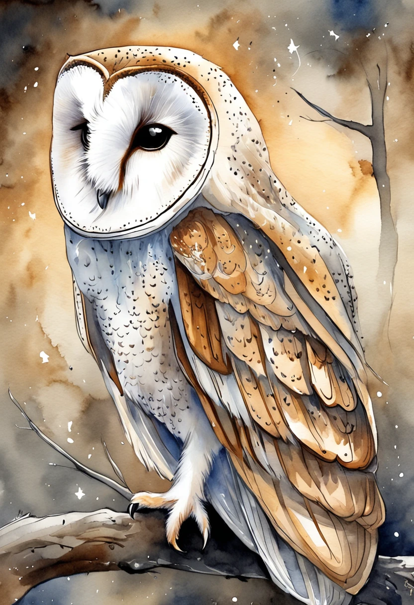 "majestic barn owl, intricate feathers, piercing eyes, perched on a branch in the moonlight."