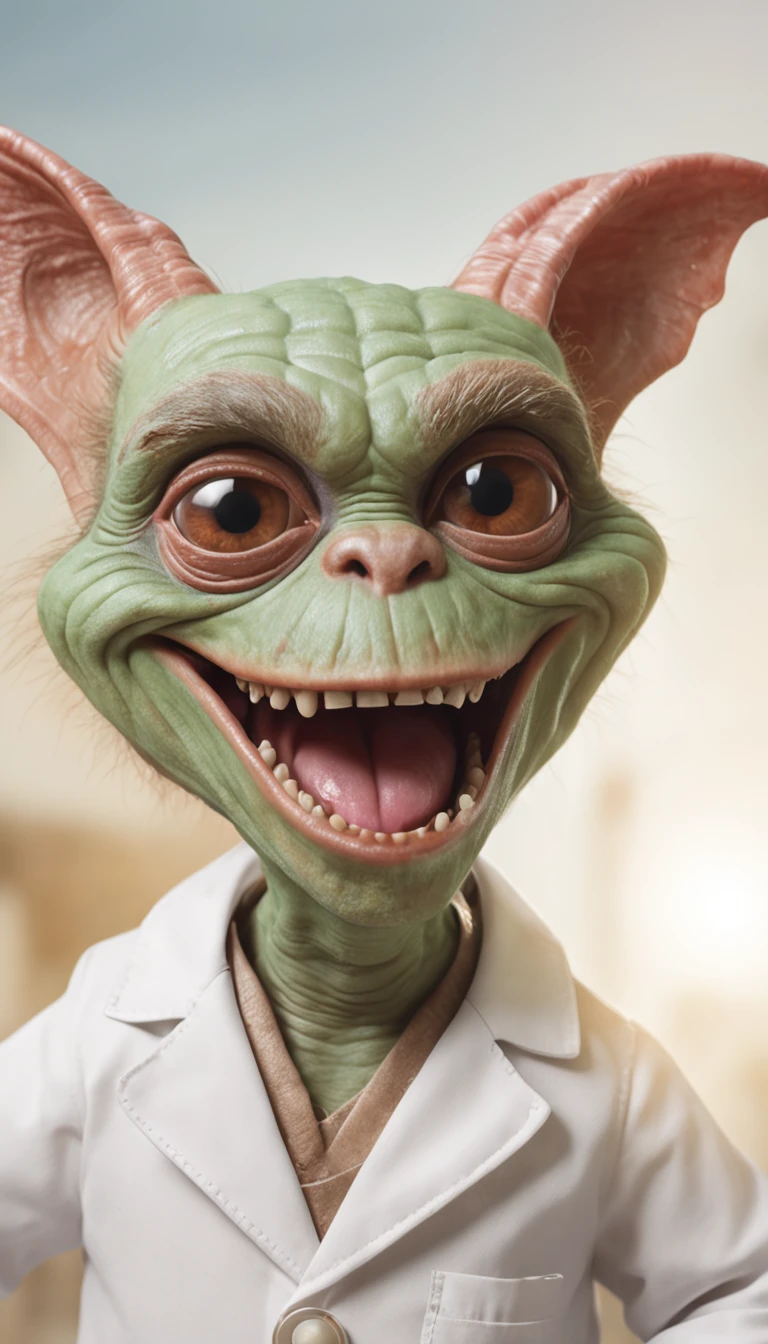 "Anthropomorphic gremlin as a doctor, ultradetail, hyper realisitc, Complex composition, Dynamic light, Random background, Canvas effect, Brush strokes, splash, UHD." 16k