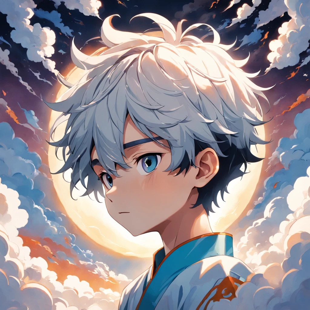 Masterpiece, Best quality, cinematic Film still from, 1boy, Cloud Boy, Floating in the sky, Close-up, Bright, cheerfulness, Warm and soft lighting, Sunset, (spark of light:0.7),(White background:1.4),(Silhouette of a boy's head, Eyes closed, extremely colorful, Oriental elements), ((Chinese illustration:1.3)),paper art:1.3, Quilted paper art:1.2),( reasonable design, Clear lines, High sharpness,Best quality, Very detailed, Masterpiece, movie light effect, 4K ),Pale and short skin, whaite hair,The lower third of the back of the head has an undercut, But his bangs drooped his face,Partially covered his missing eyes and a white medical eye patch, It is implied that his hair has been dyed white,Because of the presence of black growths in his lower part,He is considered by others to be as handsome as a model,Regardless of his costume, He wears a tag on the chain,Hint at personal dedication, He wears a white medical eye patch over his right eye,He has two skinny, Purple rings on index and ring fingers, Respectively,Both ears are pierced,Two on short chains,He wears earrings that look like small rings,An isosceles triangle hangs from the earrings。