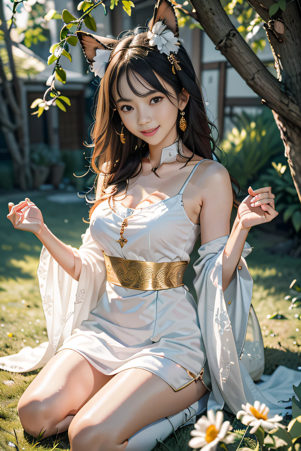 best qualtiy,tmasterpiece,超高分辨率,(真实感:1.4),RAW photogr,1girl,(Full body portrait 1.5),white dresses,cropped shoulders,blooming flower field,Glowing skin,Light smile