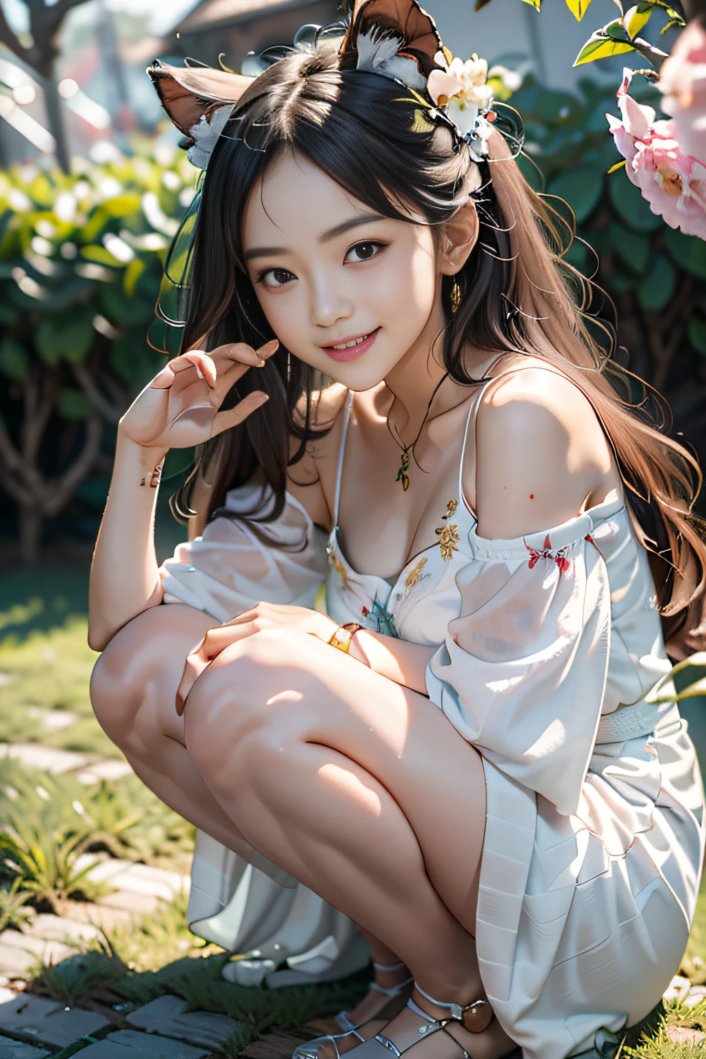 best qualtiy，tmasterpiece，超高分辨率，（真实感：1.4），RAW photogr，1girl，（Full body portrait 1.5），white dresses，cropped shoulders，blooming flower field，Glowing skin，Light smile