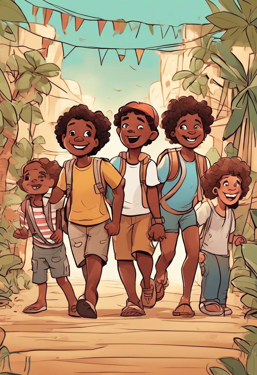 Four excited young adventurers. A brown-skinned boy, There is also a chubby brown-skinned boy and a brown-skinned girl with long curly hair and a curly brown-skinned girl, All wore T-shirts and shorts,Hats and backpacks, character design, Multiple poses and expressions, Cute children's book illustration style, coloring, ، simple, fisherman, Disney, by Pixar, Guibli