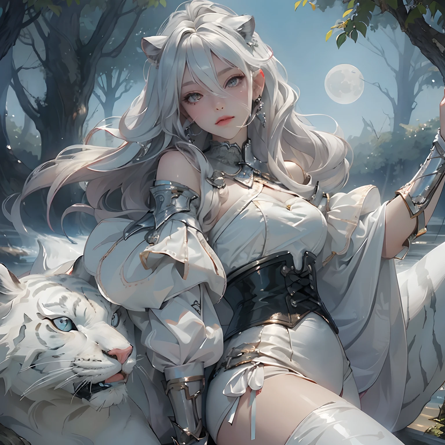 (top-quality、tmasterpiece:1.2),teens girl,White color hair、Smooth skin、Beautiful mouth、Smooth legs、Busty body,Silver lace-up panties,Moon,the white tiger,Riding position,Visible on the back,yuki,the woods,Detailed details