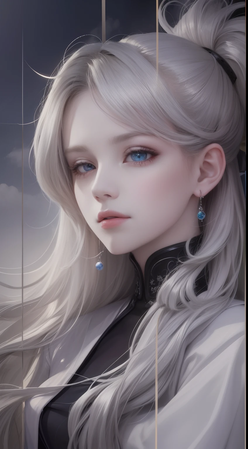 (very detailed CG unity 8k wallpaper, masterpiece, best quality), best illumination, insanely beautiful, floating, girl in white wuxia suits, blue eyes, multicolor hair (silver: 1.3 + red: 1.2 + purple + yellow: 1.3 + green: 1.3), beautiful face, too many drops of water, clouds, twilight, wide angle, watercolor.