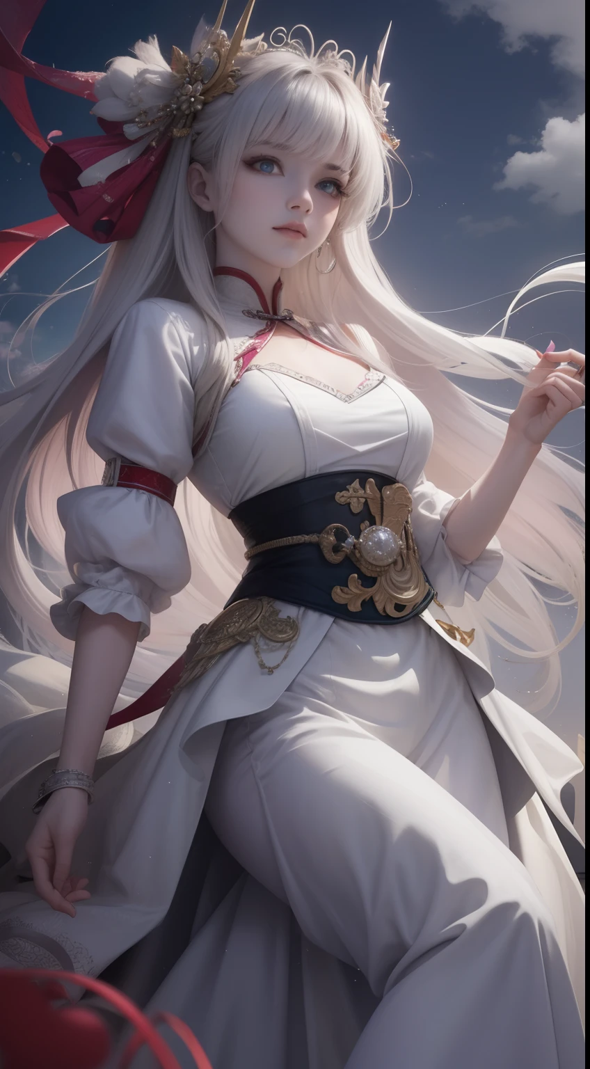 (very detailed CG unity 8k wallpaper, masterpiece, best quality), best illumination, insanely beautiful, floating, girl in white wuxia suits, blue eyes, multicolor hair (silver: 1.3 + red: 1.2 + purple + yellow: 1.3 + green: 1.3), beautiful face, too many drops of water, clouds, twilight, wide angle, watercolor.