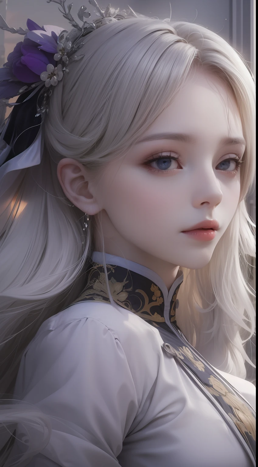 (very detailed CG unity 8k wallpaper, masterpiece, best quality), best illumination, insanely beautiful, floating, girl in white wuxia suits, blue eyes, multicolor hair (silver: 1.3 + red: 1.2 + purple + yellow: 1.3 + green: 1.3), beautiful face, too many drops of water, clouds, twilight, wide angle, watercolor.