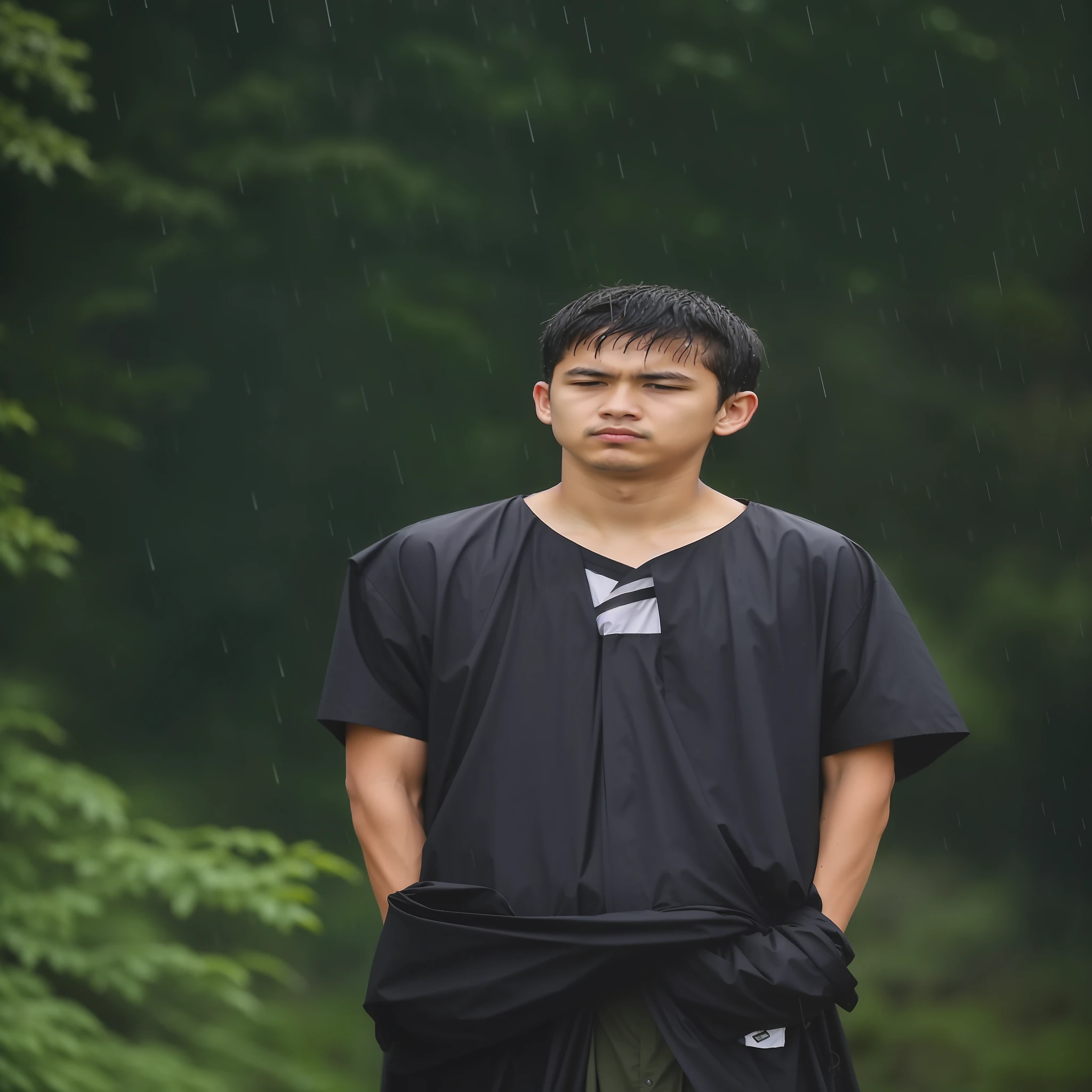 there is a man standing in the rain with a sword, he is wearing a black kamishimo, teenage boy, male teenager, in the rain, teen boy, raining portrait, in a rainy environment, just after rain, ,teenage boy, at evening during rain, with a sad expression, standing in the rain, menacing look, handsome