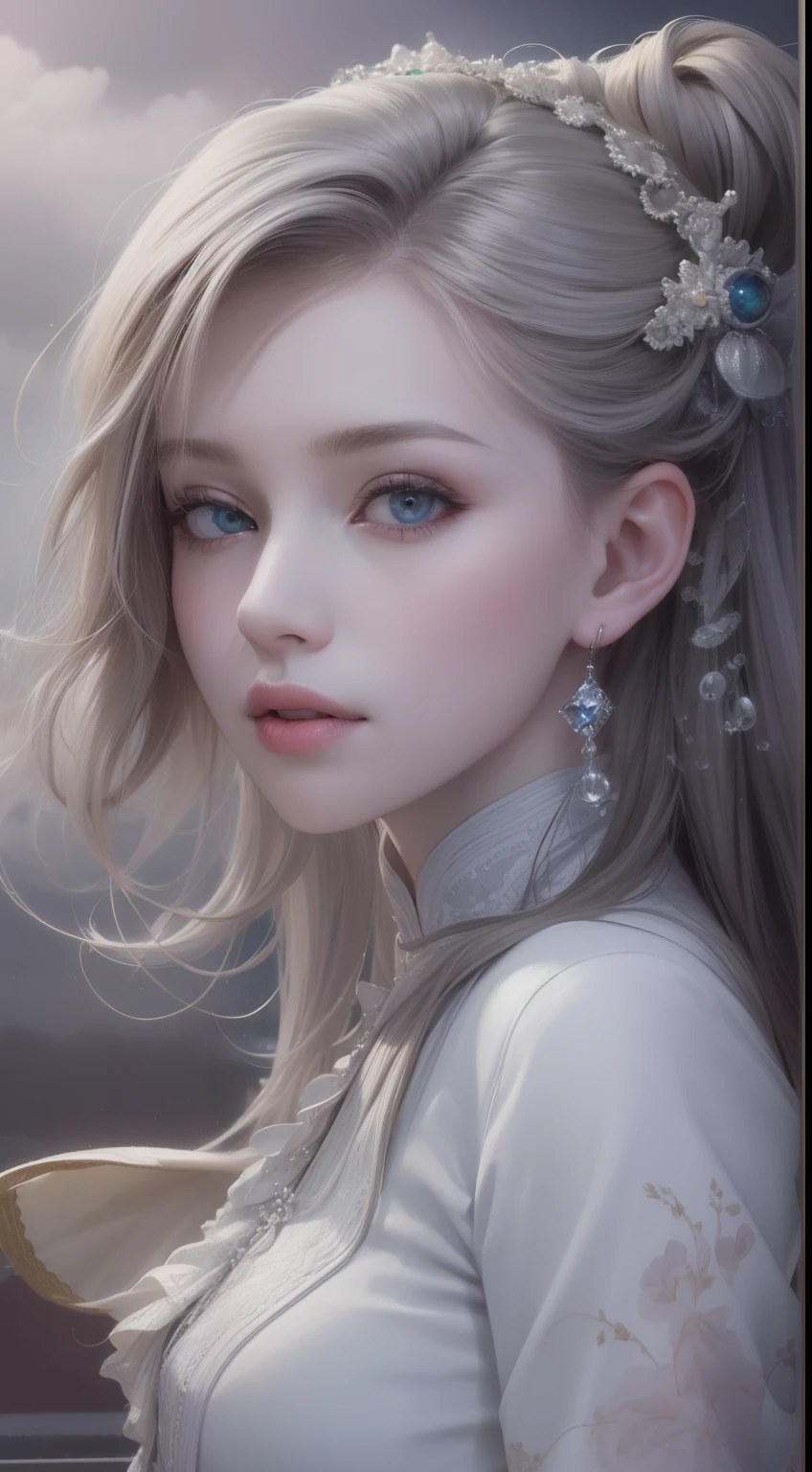 (very detailed CG unity 8k wallpaper, masterpiece, best quality), best illumination, insanely beautiful, floating, girl in white wuxia suits, blue eyes, multicolor hair (silver: 1.3 + red: 1.2 + purple + yellow: 1.3 + green: 1.3), beautiful face, too many drops of water, clouds, twilight, wide angle, watercolor.