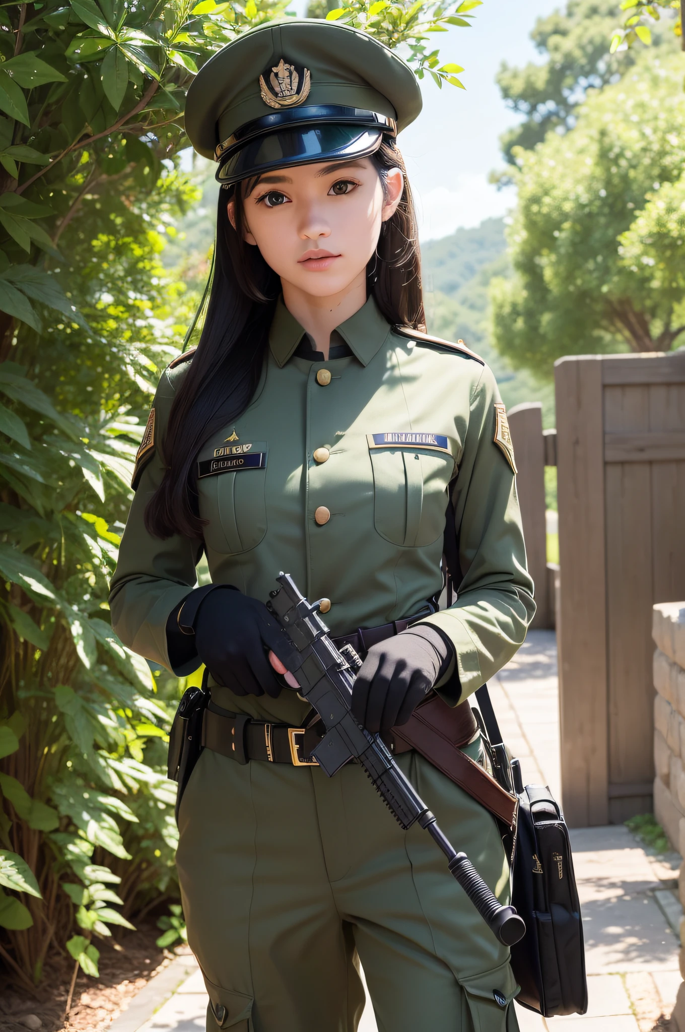 Very detailed CG unity 8K wallpaper，（tmasterpiece），（best qualtiy），（ultra - detailed），（Ultra photo realsisim），（best character detail：1.36），Nikon D750 f / 1.4 55mm，profesional lighting， physically-based renderingt, 1girll, Female soldier，army suit，Dark green military uniform，Fabric texture military uniform，（（（Headband with officer's hat））））（((Hanging a firearm：1.2)），Pure white lining，Dark green tie，Black hair，the golden ratio,[:(com rosto detalhado:1.2):0.2]:,PureErosFace_V1, broad shoulder,,(big assa:1.5)，Soaked with sweat，red flags，In the square，Splendid scenery，bright sun，upper body photos，Place your hands on your chest，（（（Fighting posture：1.8））），（（（Collar：1.2））），（（（Wearing a military cap：1.2）））,Perfectcomposition,