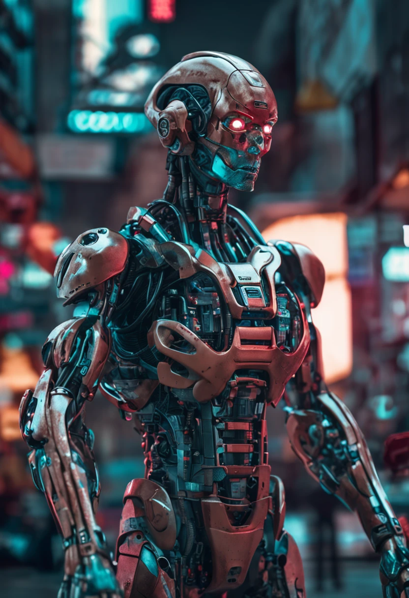 um ser humano com estrutura corporal metade humano metade robo, made with metal parts, cabos de energia, em um universo cyberpunk, estilo cyberpunk, RAW, realist phoyo, cinematografic, analogue, 8K UHD, DSLR, alta qualidade, grain of film, fujifilm XT3, arte de rutkowiski e argerm, cinema, adobe lightroom, photolab (hiper-realismo)