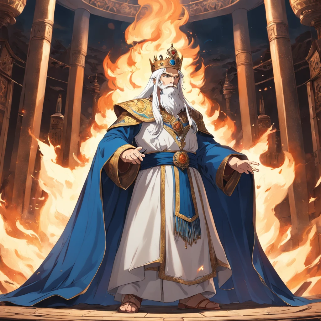 A 50-year-old Persian king wears a crown,With long white hair, he stood in a large fire temple, Spin in a blue cape,Pray by the large circular fireplace.