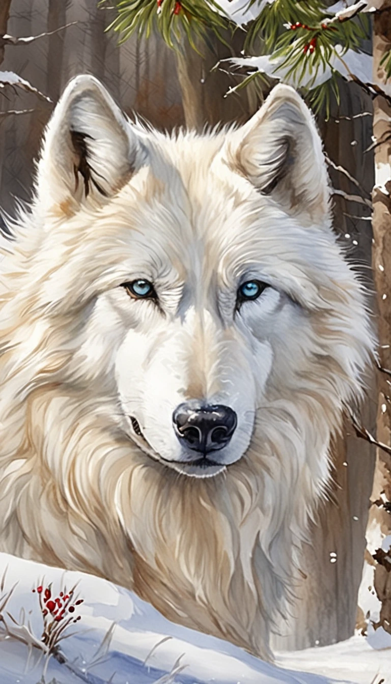 "majestic white wolf in a winter wonderland"