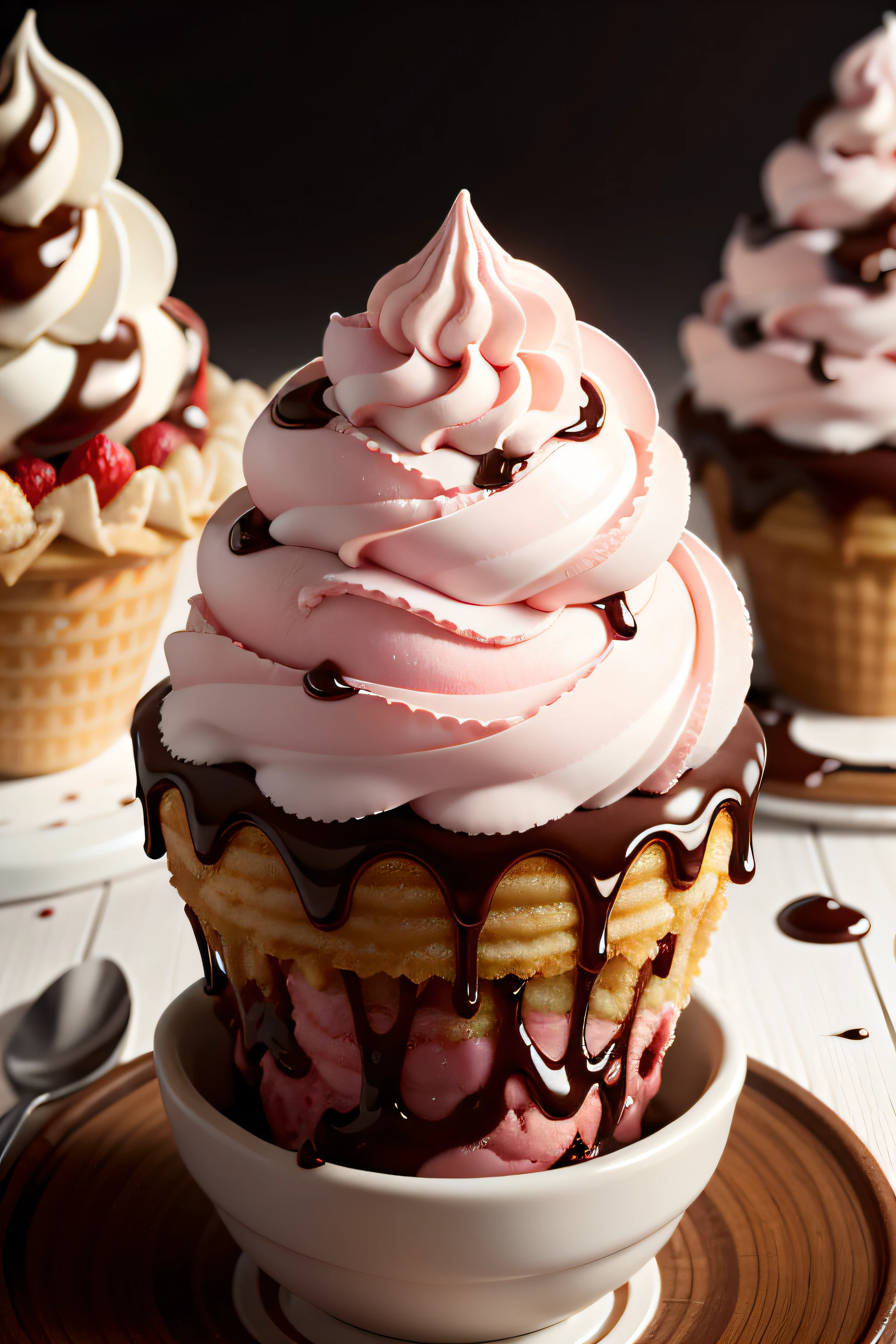 Delicious strawberry ice cream，In a crispy cone, Drizzle with chocolate, Realistic and detailed images