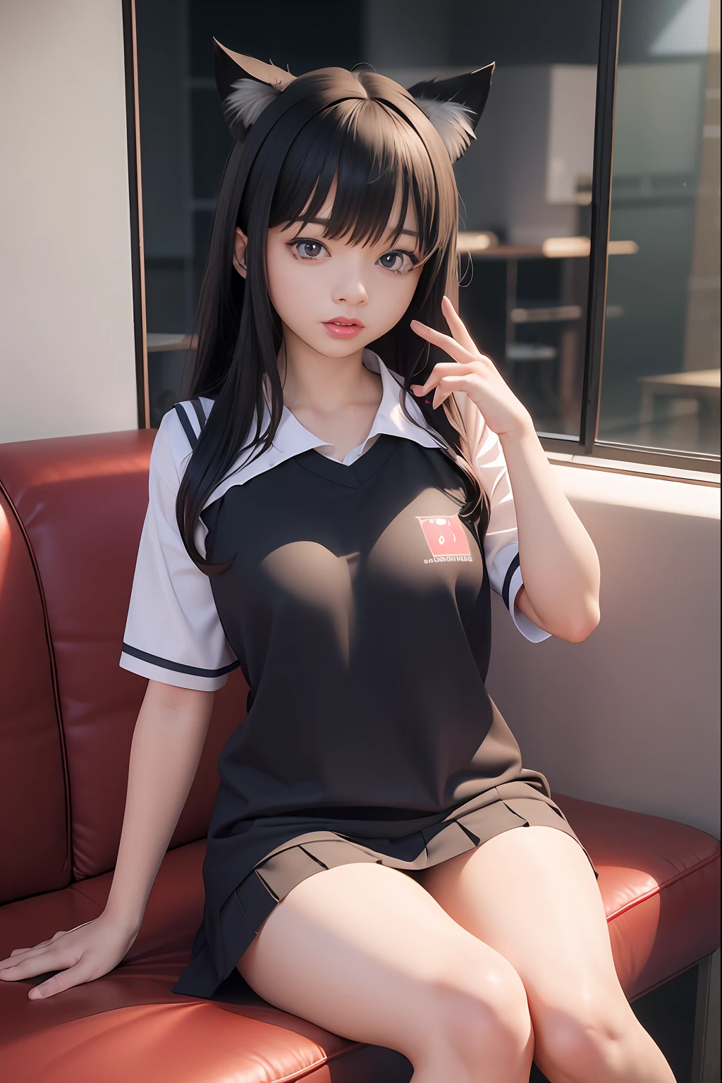 Cat's ears,a hyperrealistic schoolgirl, a hyperrealistic schoolgirl, realistic anime 3 d style, Realistic Schoolgirl, photorealistic anime girl render, realisitic, Smooth Anime CG Art, Wearing a volley ball uniform, Anime girl cosplay, Seductive Girl, photorealistic anime