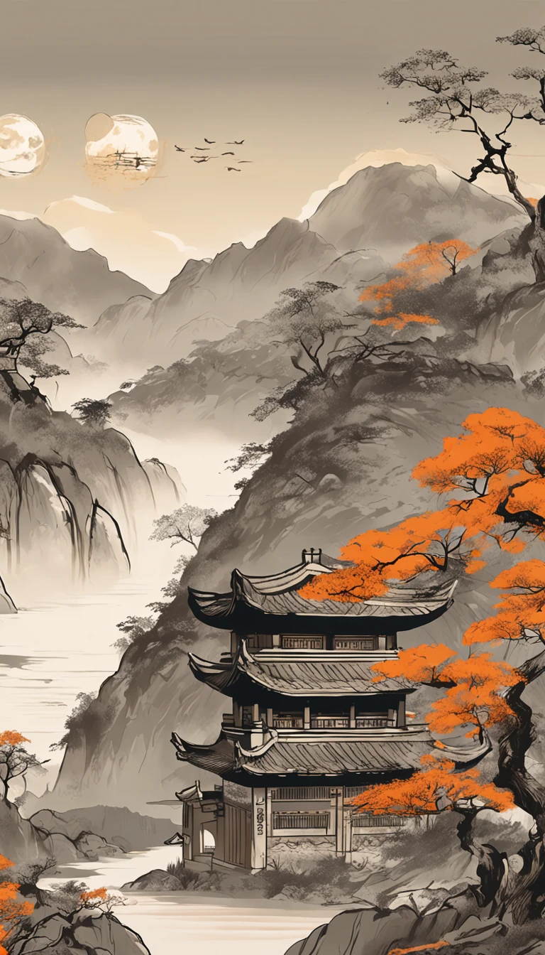 Chinese murals with rural scenery, Light orange and light gray style, Layered landscape, Japanese style art, monumental murals, Ricoh FF-9D, Golden Age aesthetics, Exotic landscape