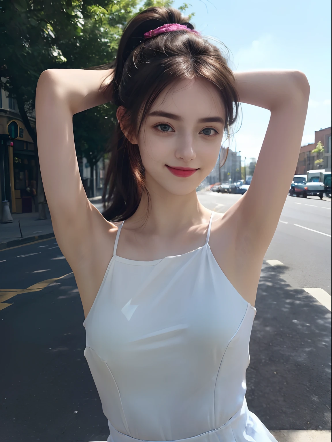 ((Darken the color under the armpits!!、Show underarms、Armpit、Detailed armpit wrinkles、Raise your hands to show your armpits、in a street、In the city、Looking here、A smile、bright sunlight on the body、high-ponytail Hairstyle、More detailed armpit skin、Underarm wrinkles、Black armpits、Dark armpit color))、top-quality, (reallistic:1.3), (真实感, Hyper-Realism:1.2), 1girl in, a white girl, (masterpiece), Convoluted (High Details), Detail skin, Short:1.2, (High Details:1.1), NSFW, HighDynamicRange, (beauitful face), Hillez, Directional writing, foco nítido, full body Esbian,Big head:1.1