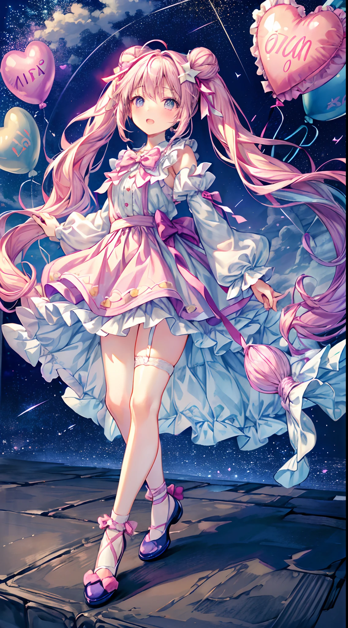 (fullbody, legs and shoes visible: 1.2)) expressive eyes, 1girl, pale skin, long hair, windblown hair, ((absurdly long hair)), long sidelocks, hime bangs, hair fringe, hair bun, ((very long twintails)), iridescent hair, light pink hair, blushing, full face blushing, big sparkling pastel purple eyes, (gradient eyes), open mouth smile, cute pose, ((holding balloons : 1.3)) 
((cute and pastel fashion)) ((🦄🎠🎈🎉 theme : 1.4)) flowy pastel dress, ((dreamy multicolored open dress)), (floating ribbons), lavender ruffles, pink frills, (light blue lace), detached short sleeves, puffy skirt, ((rainbows and stars print skirt : 1.3)), lolita skirt, purple bows, ((pompon ribbons hair ornament : 1.4)), multiple bows, striped lace stockings, (heart shaped leg garter), cute (pastel purple) shoes ((hyperdetailed clothing and fashion)) looking at you, vintage girl, blushing, (beautiful detailed eyes), (extremely detailed CG unity 8k wallpaper) (best shadow), ((an extremely delicate and beautiful)), (detailed light), ((depth of field)) big head, big sparkling eyes, moe, splash art, cinematic lighting, frontal view, volumetric lighting maximalist photo illustration 64k resolution high res intricately detailed complex key visual precise linear 
((in the dreamy pastel sky background, surrounded by sunset clouds, shooting stars, castles in the clouds)) ((hyperdetailed scenery, foggy clouds, suspended by balloons, hearts : 1.3))