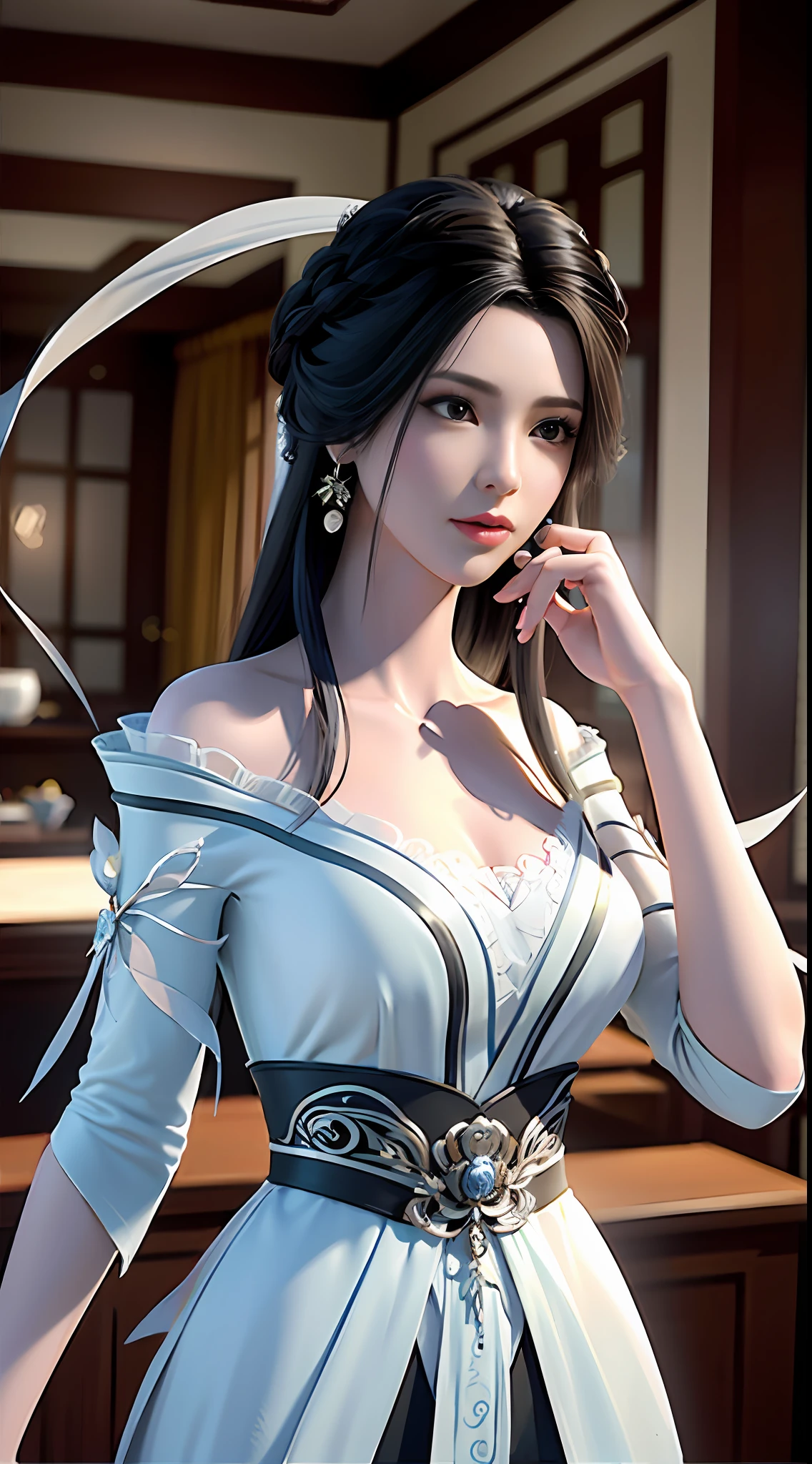 Best Quality, Masterpiece: 1.4), Ultra High Resolution, Realistic, Front Lighting, Intricate Details, Delicate Details and Textures, 1girl, Solo, (Young), Facial Highlight, Upper Body, Detail Face, Tear Mole, White Skin, Silver Hair, Ponytail, Braid, Look at the Audience, Big Eyes, Black Cheongsam, (Openwork Pattern, Black, Silk), Earrings, , Slim Figure, Deluxe Room, Professional Lighting, Photon Mapping, Light Energy Transfer, Physically Based Rendering,
