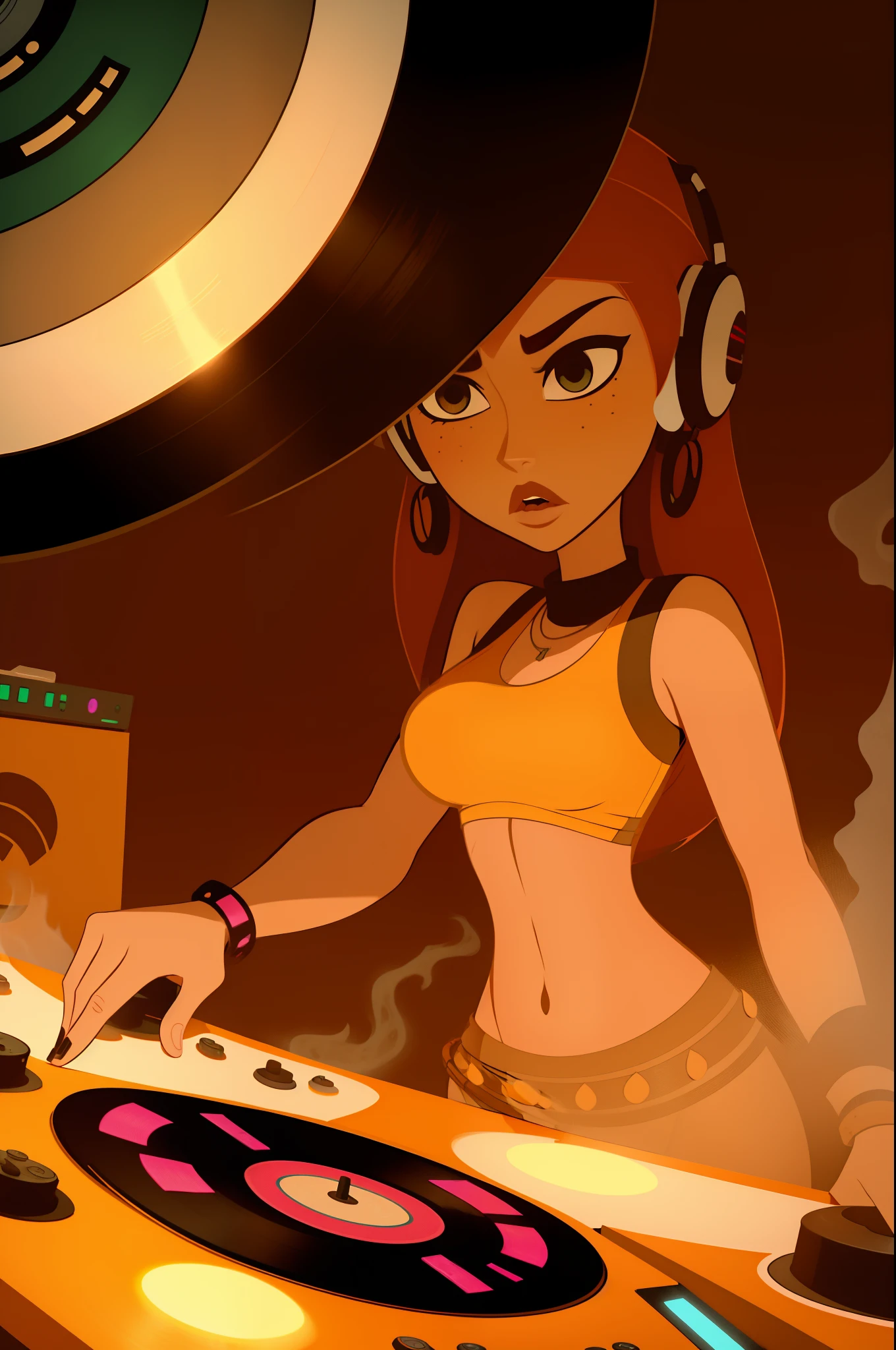 kim possible a native Traditional Arabic female princess djing scratching vinyl decks shrouded in thick sand storm