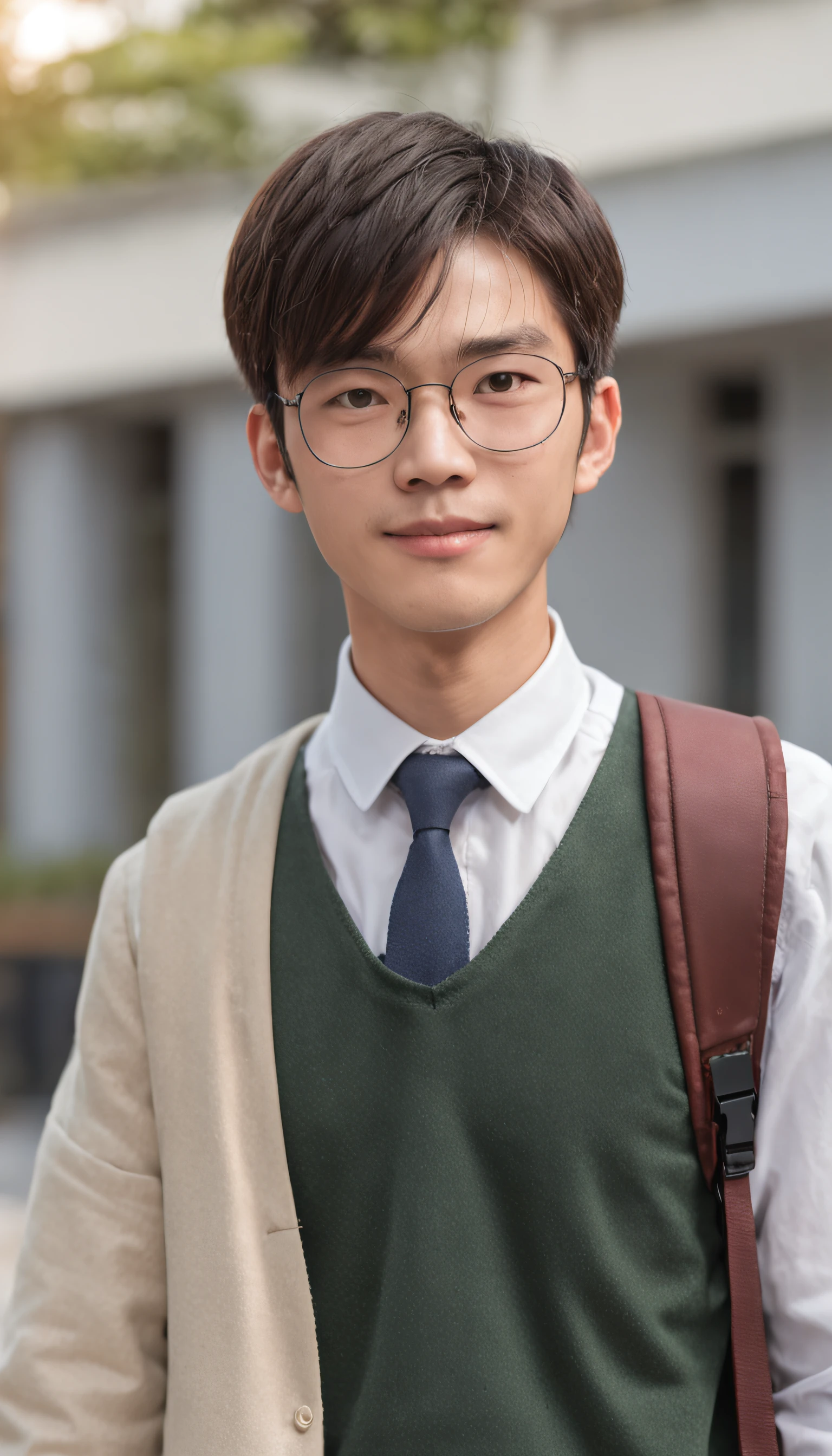 Realiy, realisticlying, movie picture quality, super detailing, Super quality, Super HD, An ordinary male college student, Asian boys, middle aged man, with short black hair, brown glasses, 二重まぶた, in school uniform, Carrying a school bag, ssmile, The face was full of joy, Sunshine boys