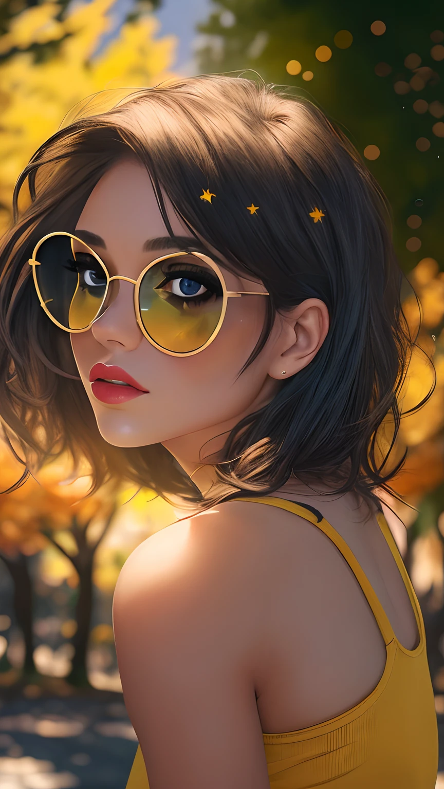 cleavage, a beautiful woman, from_above, close-up, crop top, detailed face, yellow bodycon tank top, hair, park, sky, trees, pale skin, moonlight, stars, 1girl, statement sunglasses, big breasts ,petite, vivid colors, bokeh background, subject for emphasis,dramatic colors , hyperealistic, masterpiece, best quality, nsfw