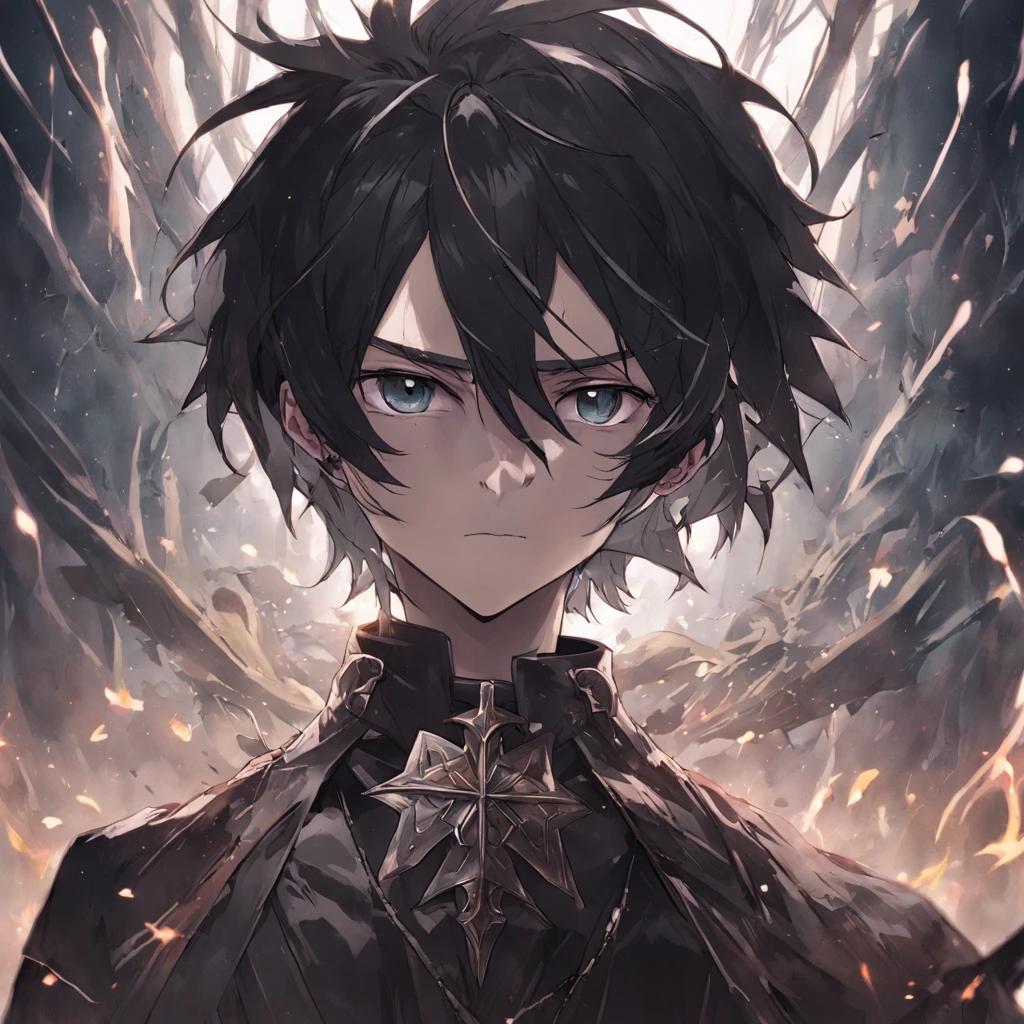 Boy with black hair and white hair,The hair hangs almost down to the neck,Wearing a half-dead mask,Stand at the intersection of light and darkness:HD graphics,holy paladin,Holy Grail War,tarot。