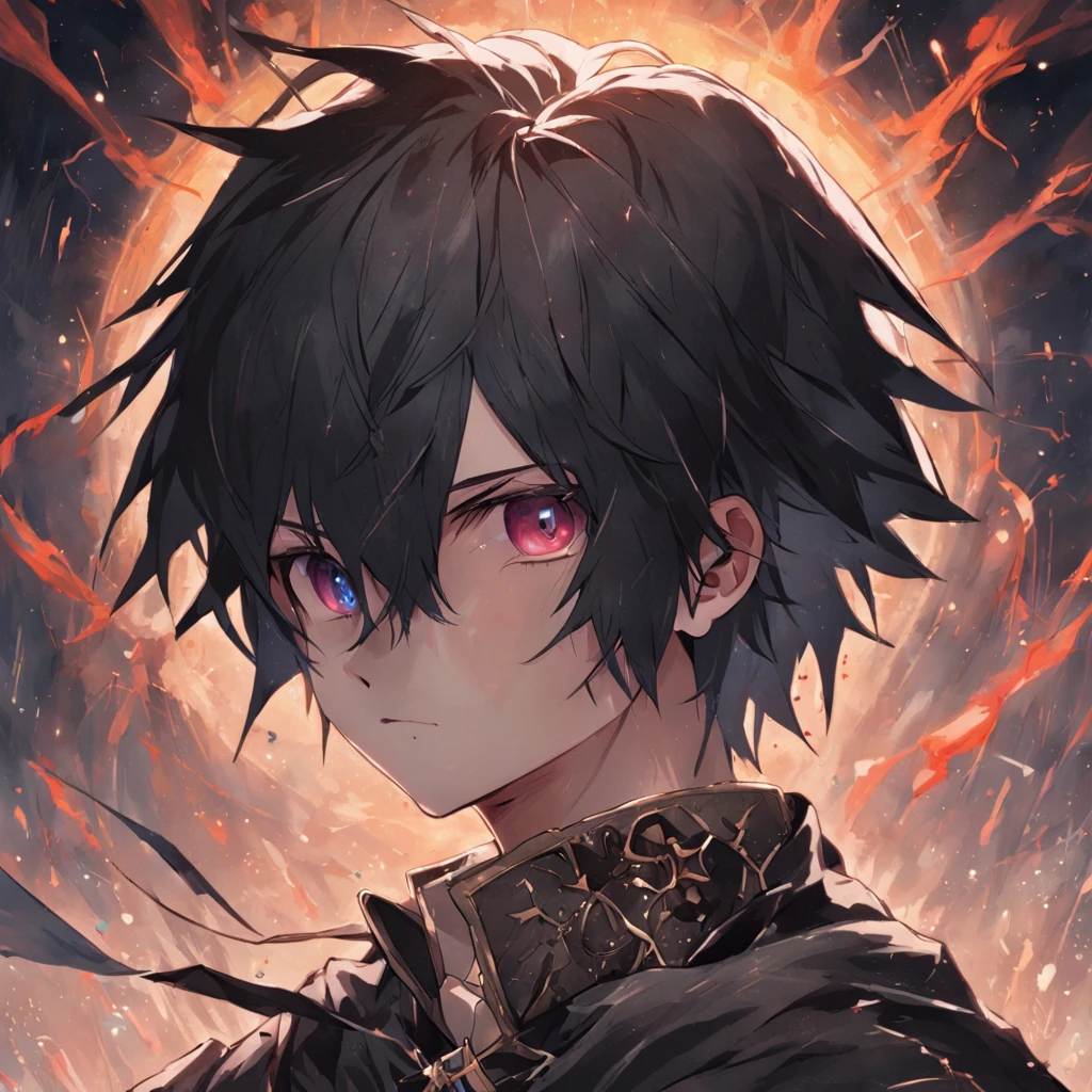 Boy with black hair and white hair，The hair hangs almost down to the neck，Wearing a half-dead mask，Stand at the intersection of light and darkness：HD graphics，holy paladin，Holy Grail War，tarot。