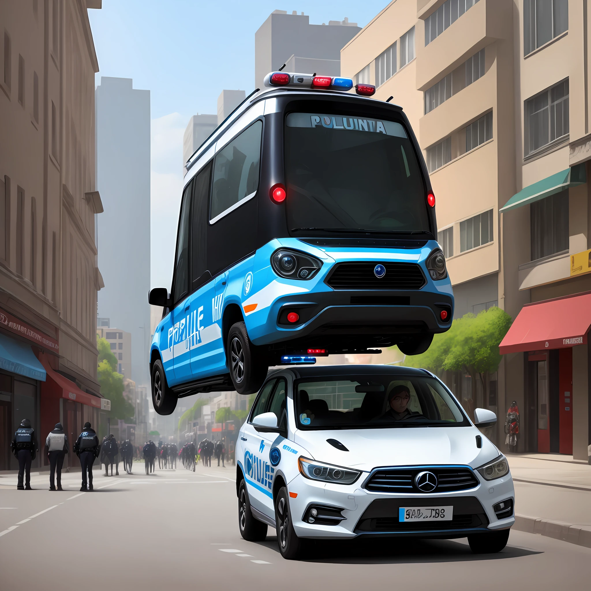 Future city street suspension car levitation police car quantum gun