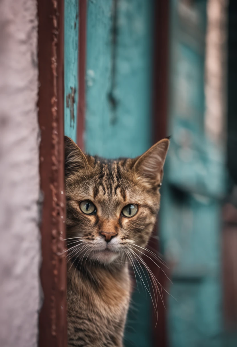 There was a cat looking out the door, looking scared,, funny cat, sad cat, look straight at the camera, stare at you, spy, seeing a cat, curious expressions, trying to escape, looking out, Hiding, looking at the camera in, is looking at the camera, scaring, , looks surprised