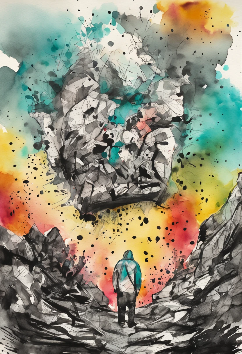 Struggle for a group of people,ink and watercolor painting,Hazy,Splash ink