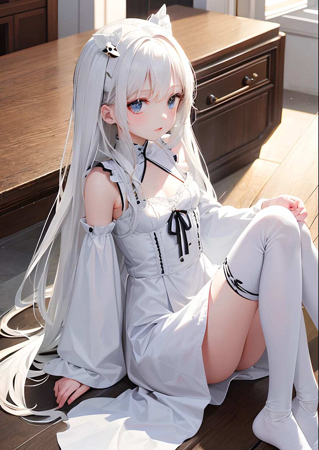 solo、1girl、doll-joints、full-body portraits、White Gothic costume、无袖、sitting down、White-colored skin
