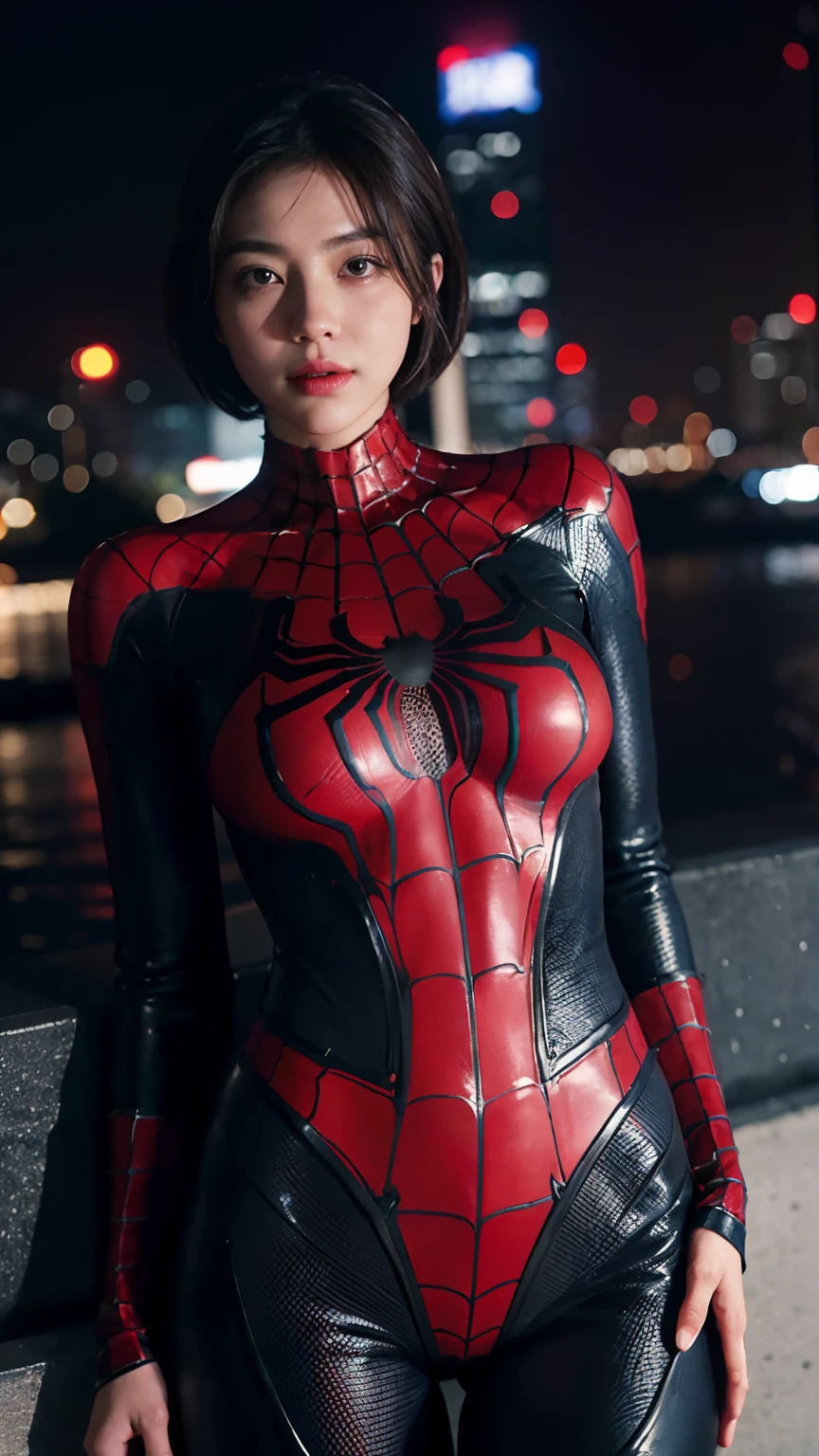 1girl, night, cityscape, city lights, upper body, close up, 8k, raw photos, best quality, masterpiece, realistic, photo realistic, spider-man suit, huge, thick thighs, asian face, short hair, brunette hair