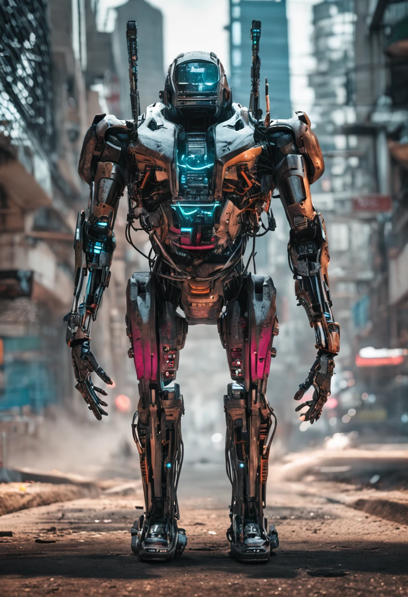 um ser humano com estrutura corporal metade humano metade robo, made with metal parts and human parts, cabos de energia, em um universo cyberpunk, estilo cyberpunk, RAW, realist phoyo, cinematografic, analogue, 8K UHD, DSLR, alta qualidade, grain of film, fujifilm XT3, arte de rutkowiski e argerm, cinema, adobe lightroom, photolab (hiper-realismo)