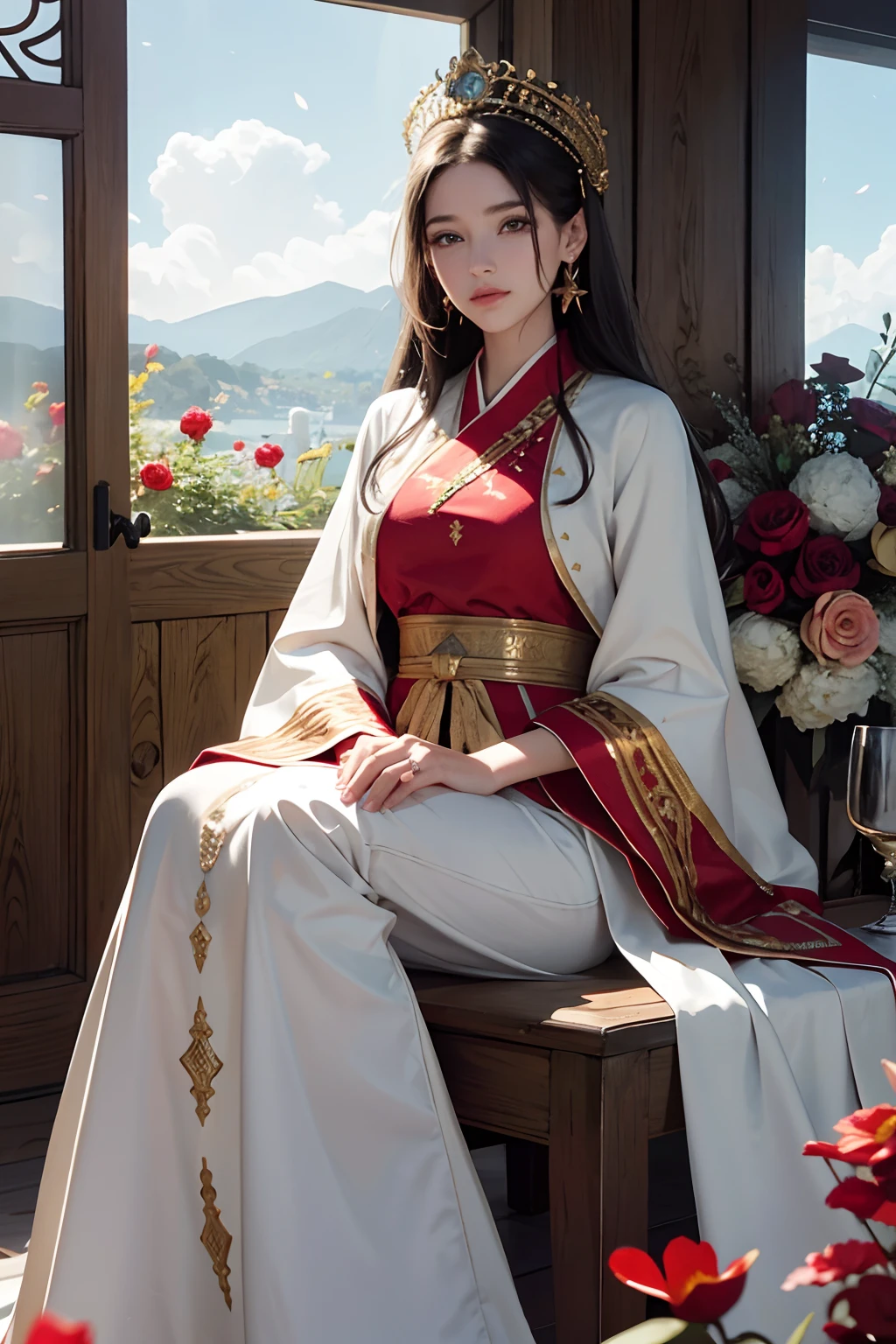 beste-Qualit, master piece, highres, (corps exquis: 1.5), visage magnifique, (peau laiteuse: 1.3), intricate high detail, high resolucion, papier peint,
1Mature beauty girl, solo, robe, ornement de cheveux, (((robe or et rouge))), fleurs, cheveux longs, cheveux bruns, mouth closed, bijoux, manches longues, main haute, manches larges, grands yeux, cheveux flottants, Moroccan caftan clothing different design different pose, hanfu, broderie, jupe longue, pose naturelle, falling petals, interior, ventilateur, lanterne,
16K, HDR, high resolucion, champ de profondeur, (grain du film: 1.1), boken, Golden Hour, (Lens Flare), vignette, arc-en-ciel, (Color Grading: 1.5)