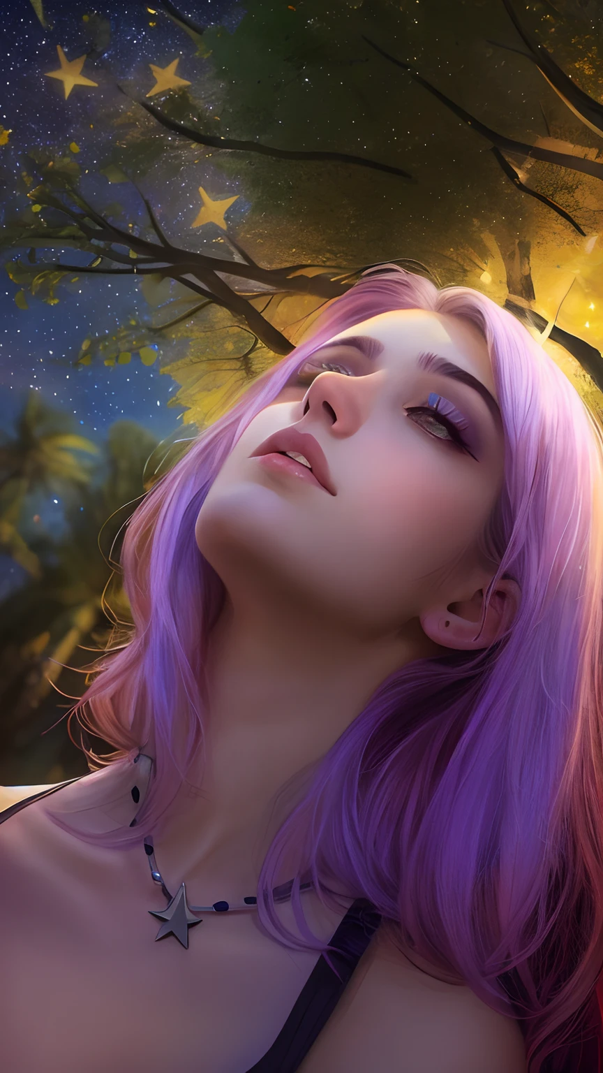 cleavage, a beautiful woman, from_above, close-up, crop top, detailed face, capezzolo ritto tette grandiyellow bodycon tank top, hair, park, sky, trees, pale skin, moonlight, stars, 1girl, statement sunglasses, big breasts ,petite, vivid colors, bokeh background, subject for emphasis,dramatic colors , hyperealistic, masterpiece, best quality, nsfw