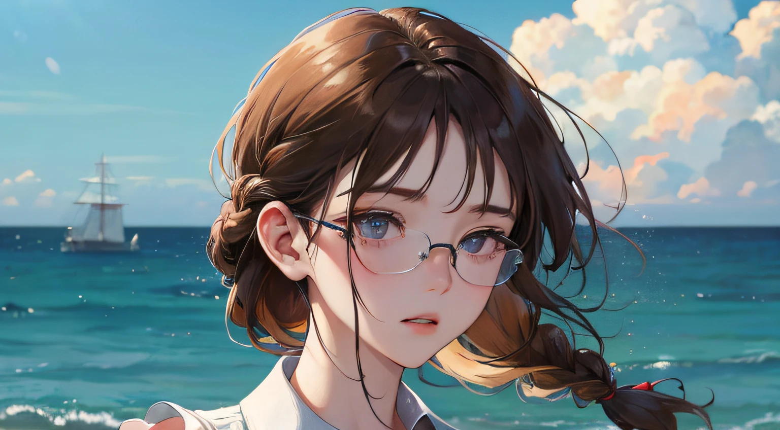 (((1人の女性)))、(Top resolution、Distinct_image) best qualtiy、​masterpiece、ighly detailed、Semi-realistic、Brown hair、eye glass、Braided hairstyle、deadpan、bangss、21 years old、Seascape、Mature、年轻、sleeveless shirts、delicated facial features、Facial features、mid-shot、