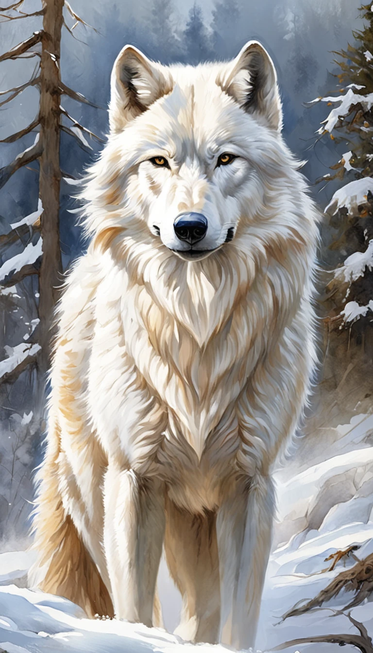 "A majestic white wolf standing amidst a snow-covered landscape, emanating an aura of beauty and power."