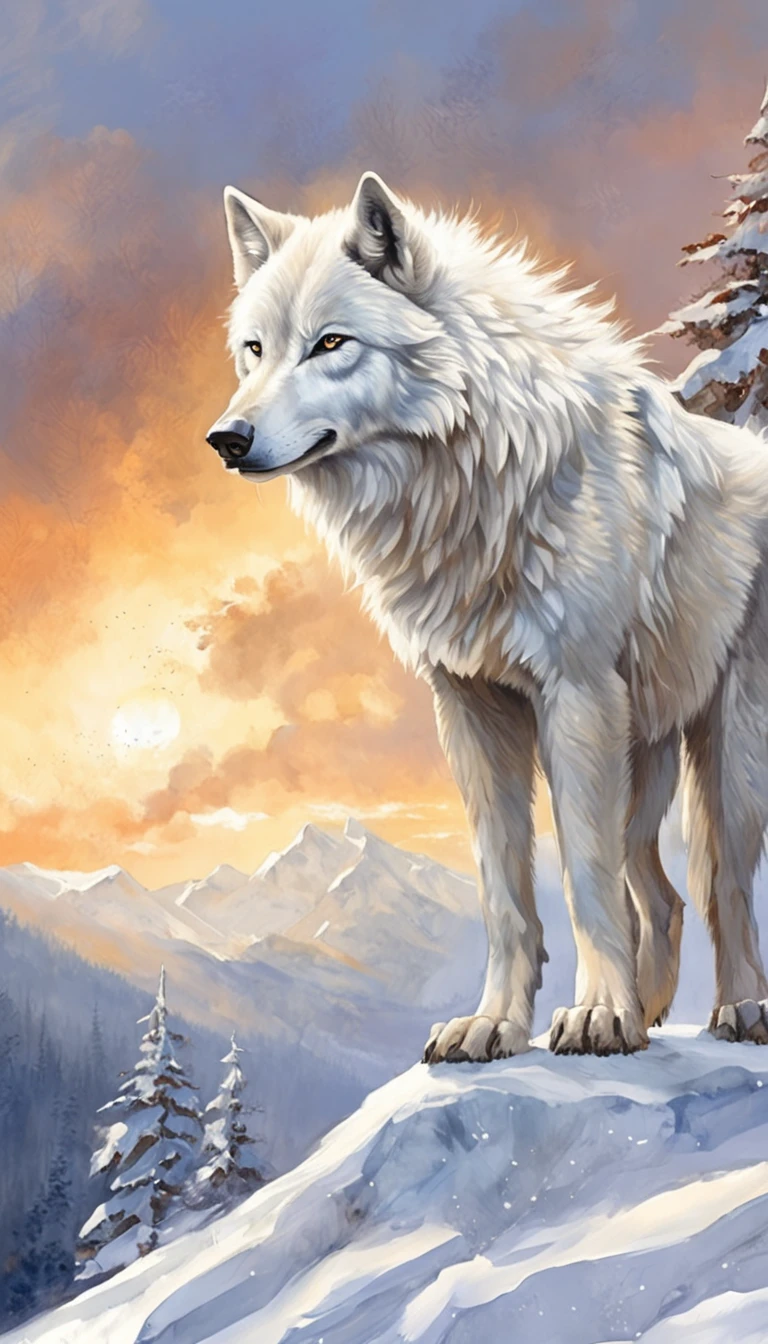 "A majestic white wolf standing amidst a snow-covered landscape, emanating an aura of beauty and power."