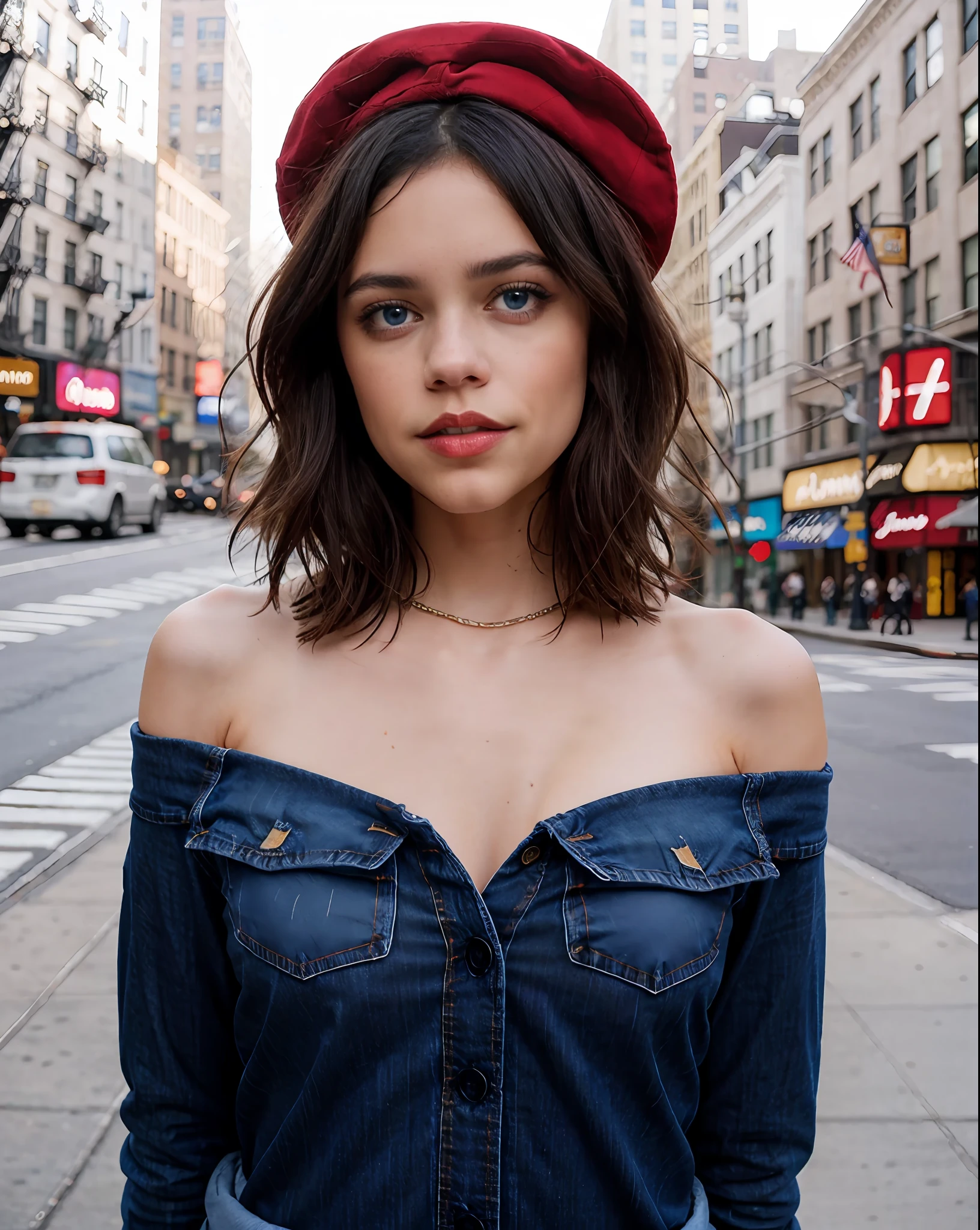 Photo of (jortega) posing in a flannel shirt and blue jeans with an American Flag around her shoulders and a red hat on her head, solo, ((blue eyes)), bob haircut, facing camera, on a New York City street, photograph, photoshoot, Captured by Panavision Panaflex Platinum Camera with Panavision Primo Primes Spherical Lens 75mm T1.9