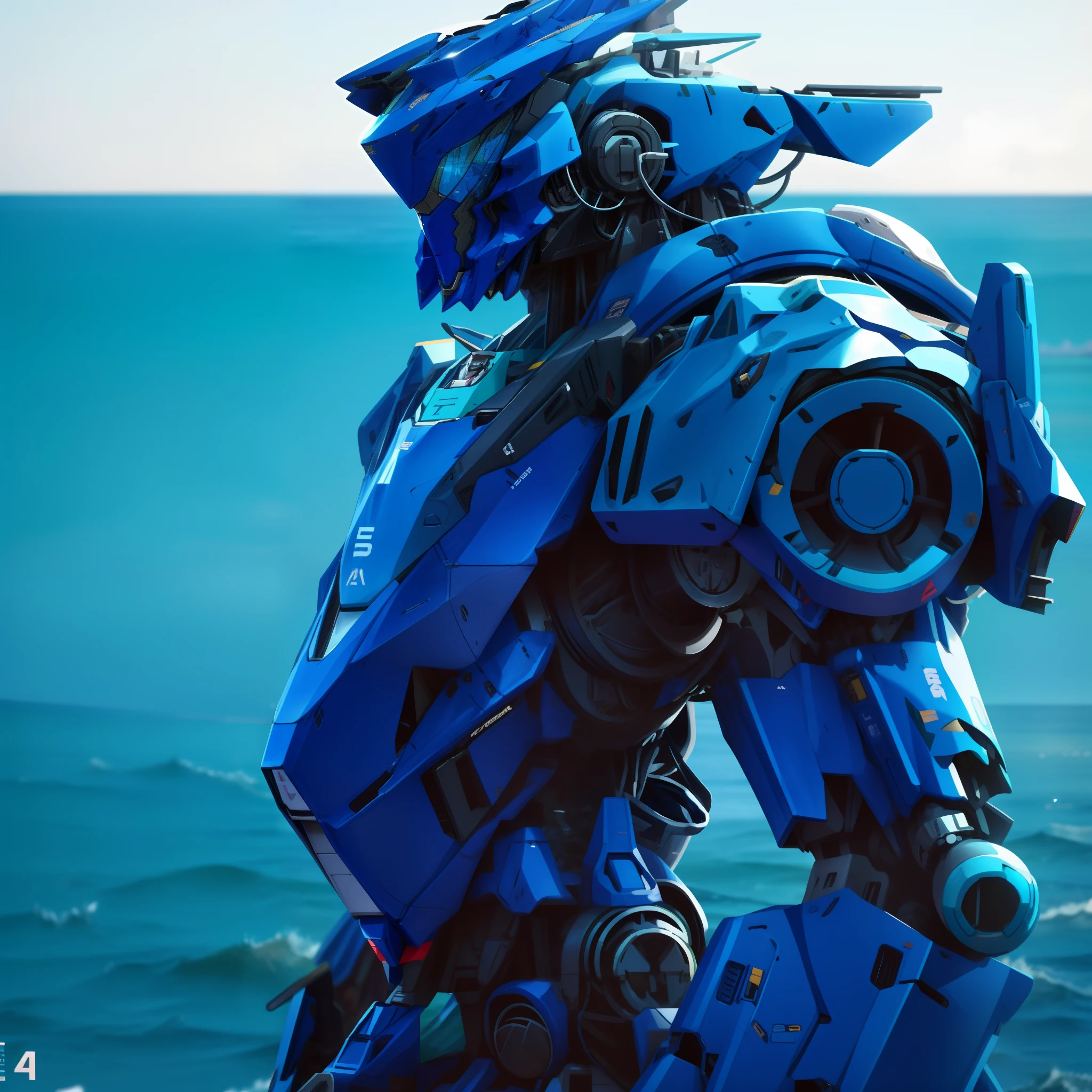 Close-up of blue robot standing in front of the sea, seapunk mecha, anime mecha aesthetic, mecha asthetic, Mecha suit, tremendous mecha robot, cool mecha style, Alexander Ferra Mecha, greek god in mecha style, mech robot futuristic, Mecha Inspiration, Blue armor, anime robotic mixed with organic