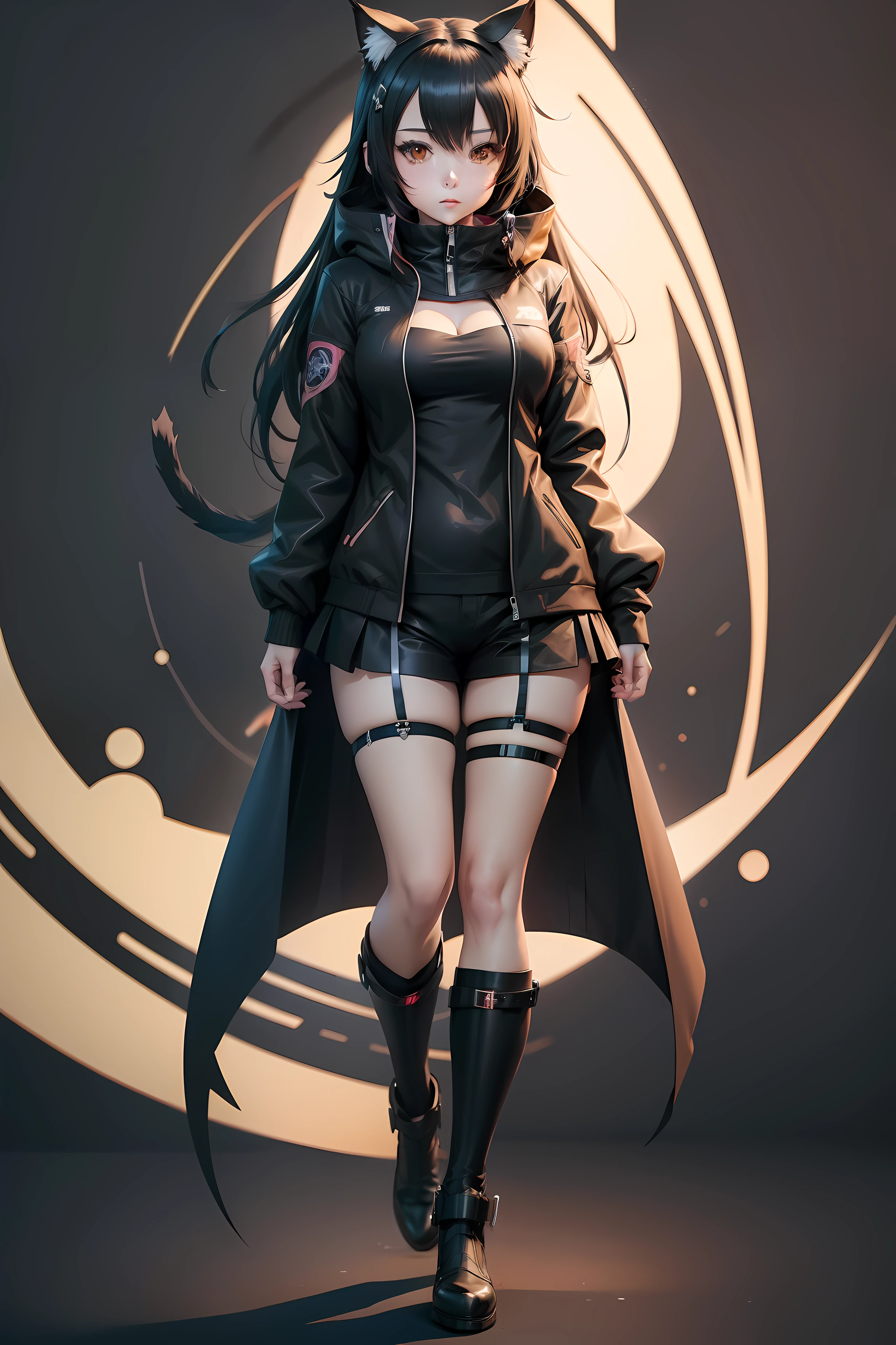 anime girl in a black coat and black shorts with a cat ears, anime moe artstyle, full_body!!, anime vtuber full body model, kantai collection style, anime full body illustration, full body!!, full body!, nyaruko-san, single character full body, an anime girl, vector shaded anime, female anime character