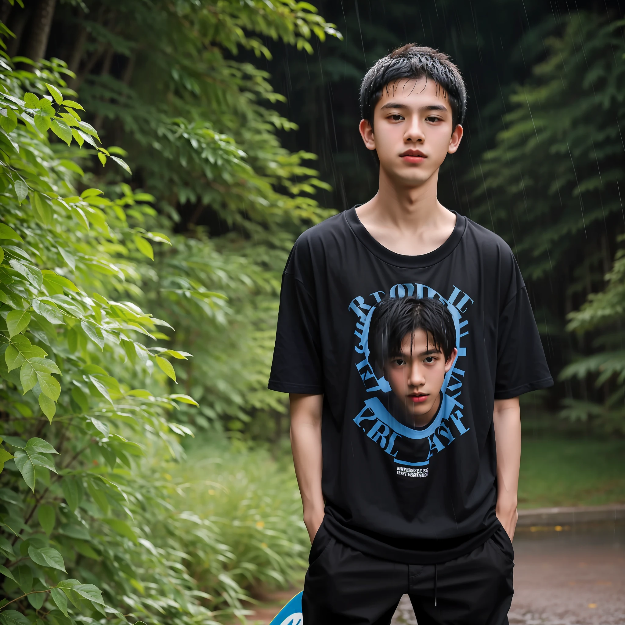 there is a young boy standing in the rain with a skateboard, male teenager, teenage boy, he is wearing a black t-shirt, raining portrait, in front of a forest background, mid shot portrait, potrait, tommy 1 8 years old, profile picture 1024px, young man with short, portrait shot 8 k, teen boy, portait image